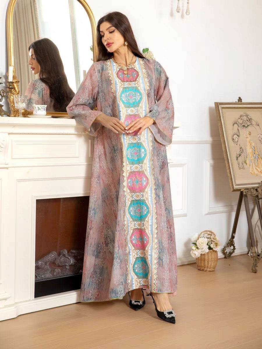 Pink Sequin Embroidered Gown Cover-up Long Maxi Dress Modest Muslim Jalabiya Robe for Women Eid Ramadan
