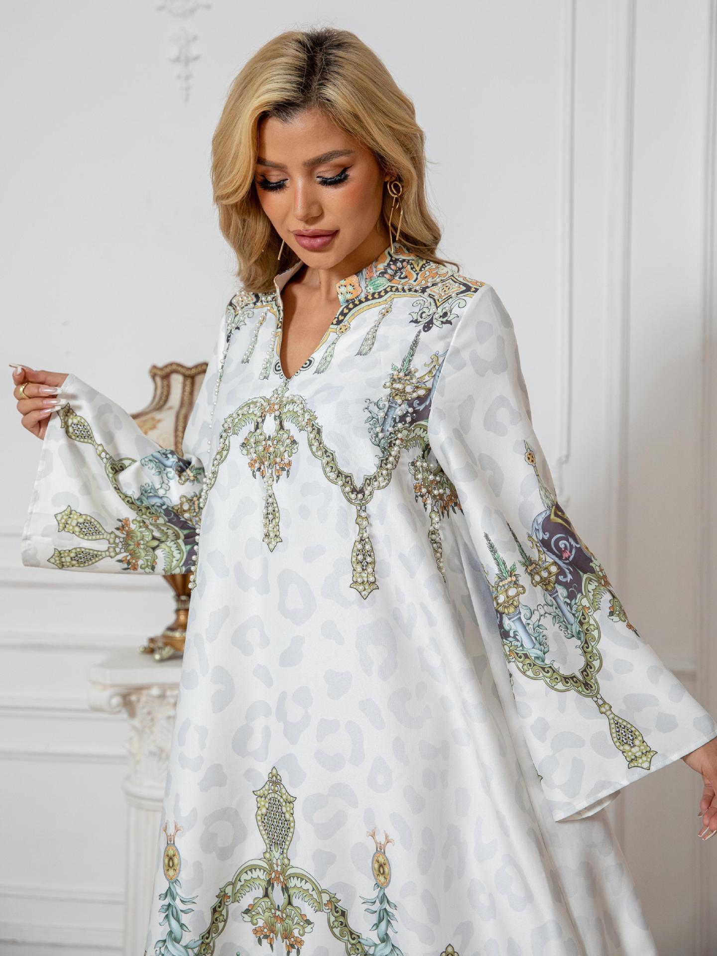 White Printed Beaded Maxi Dress - Modest Muslim Gown for Women