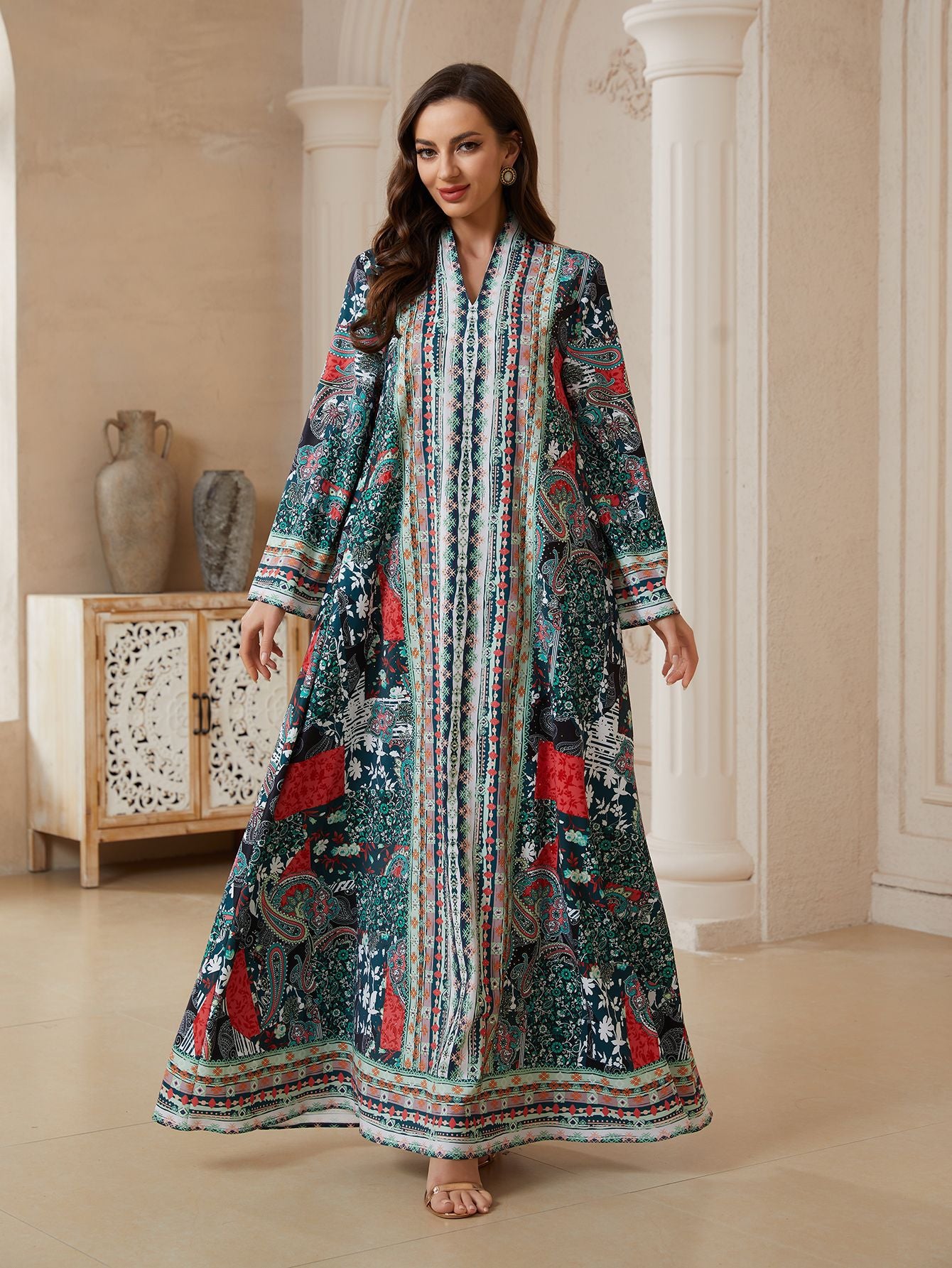 Floral Print Prayer Abaya Robe - Modest Muslim Dress for Women