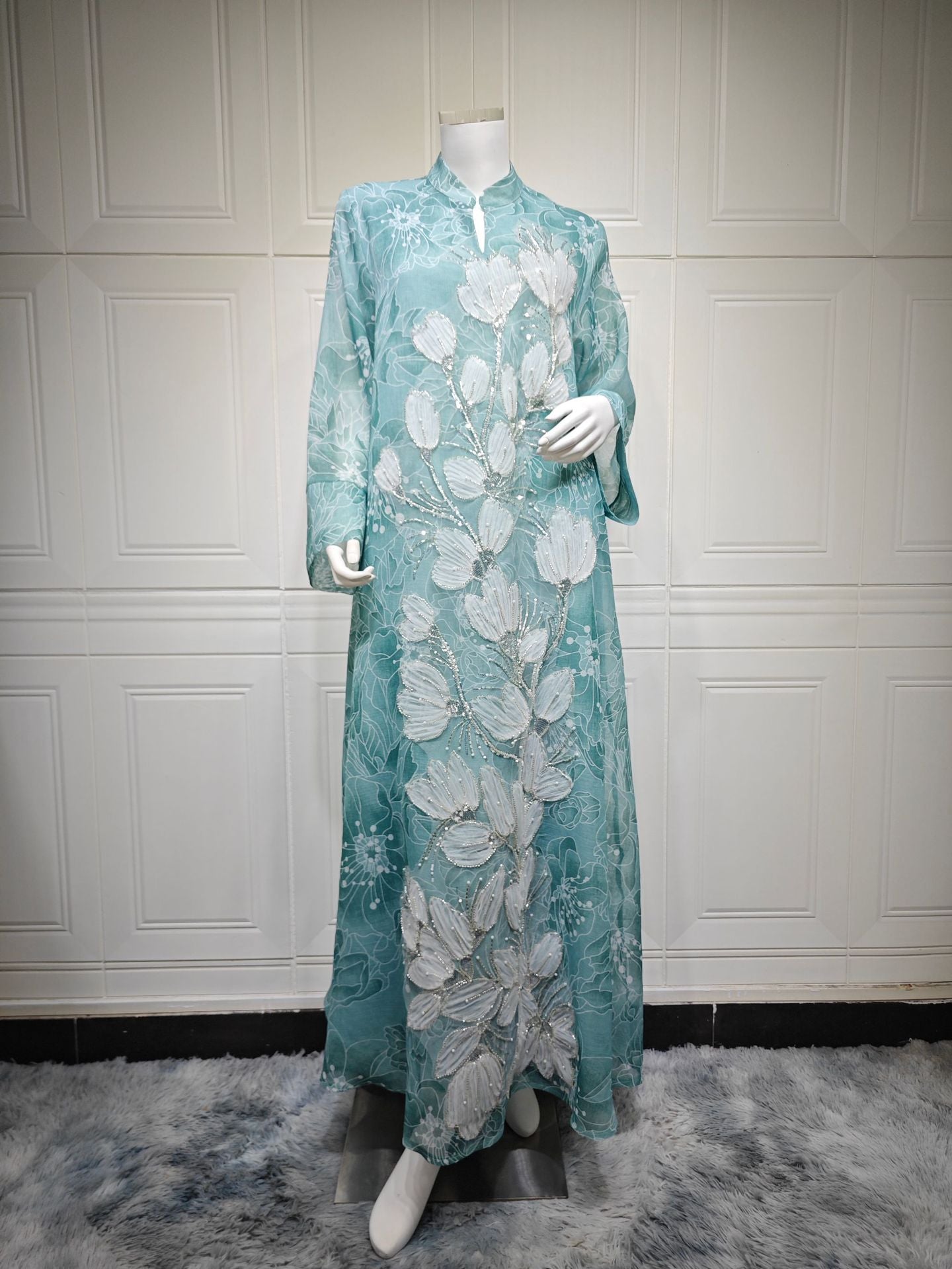 Luxury 3 Colors 3D Flower Embroidery Rhinestone Abaya Stand Neck Wide Flare Sleeve Oversized Maxi Dress For Holiday Special Occasion