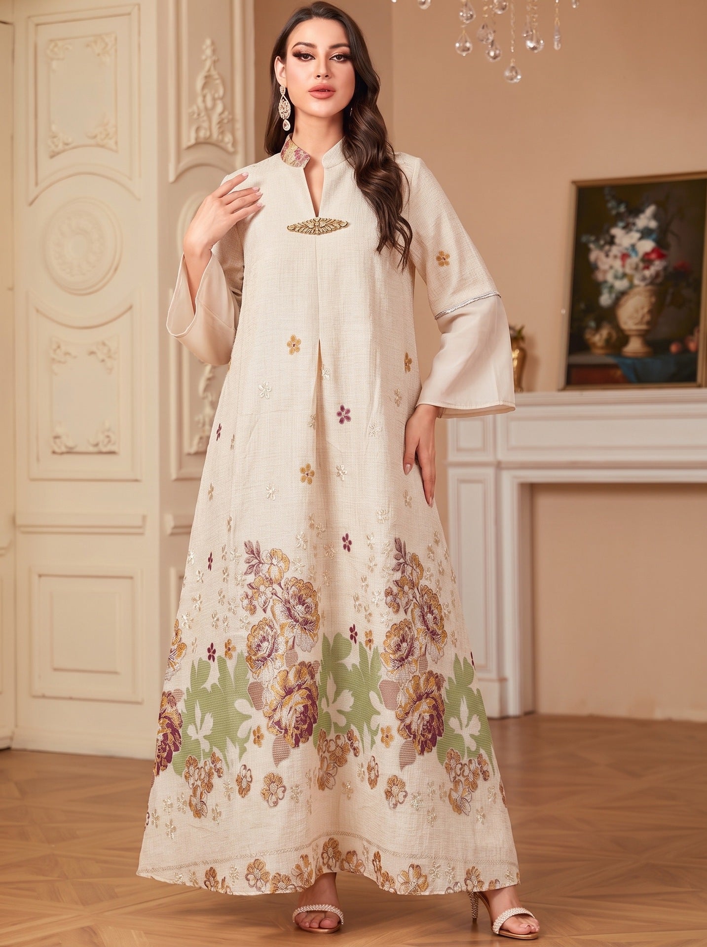 Camel Blue Light Blue V-Neck Rhinestone Embroidered Evening Abaya Dress