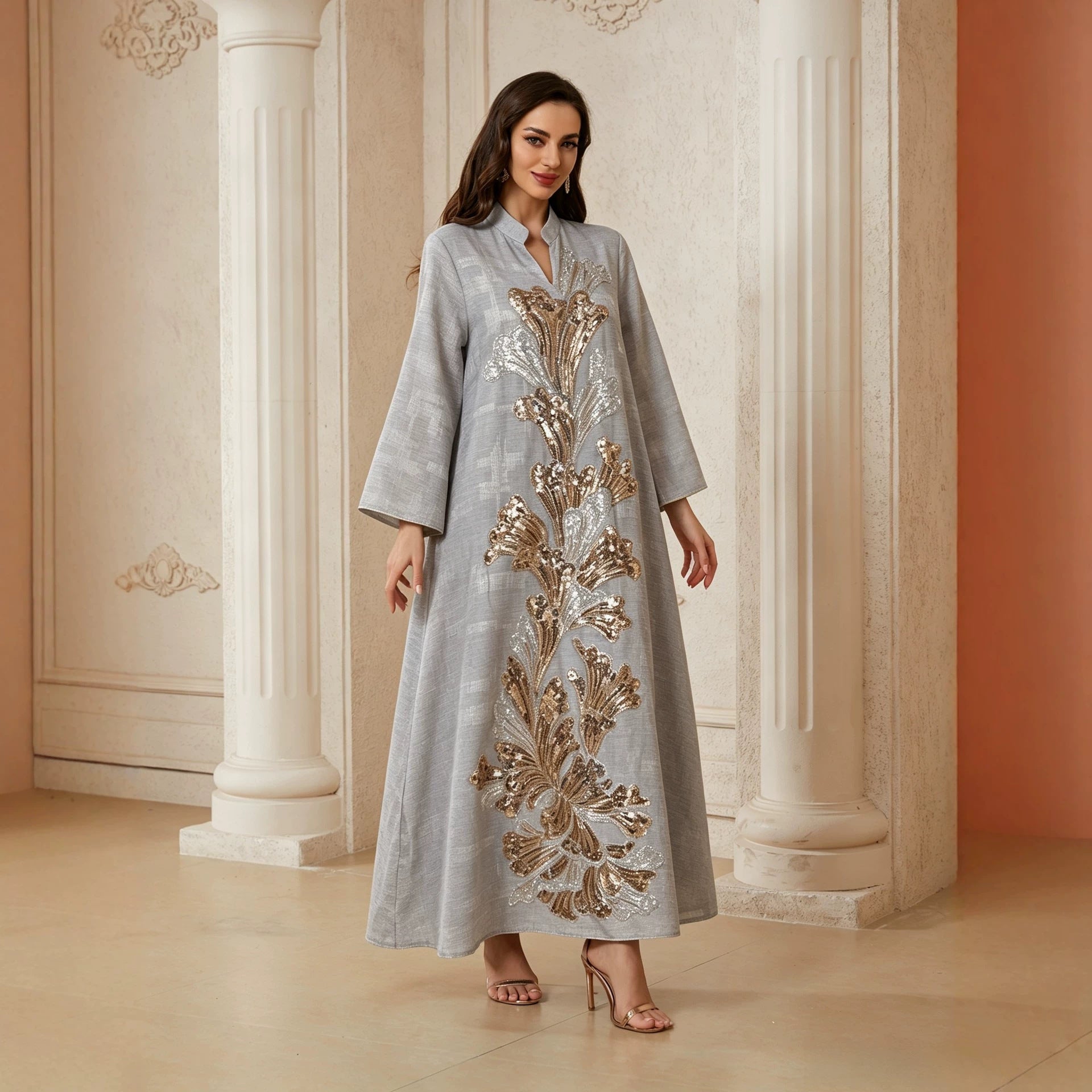 Apricot Grey Lotus Sequin Embroidered Draped Plus Size Gown Jalabiya Modest Long Maxi Dress for Muslim Women Eid Ramadan