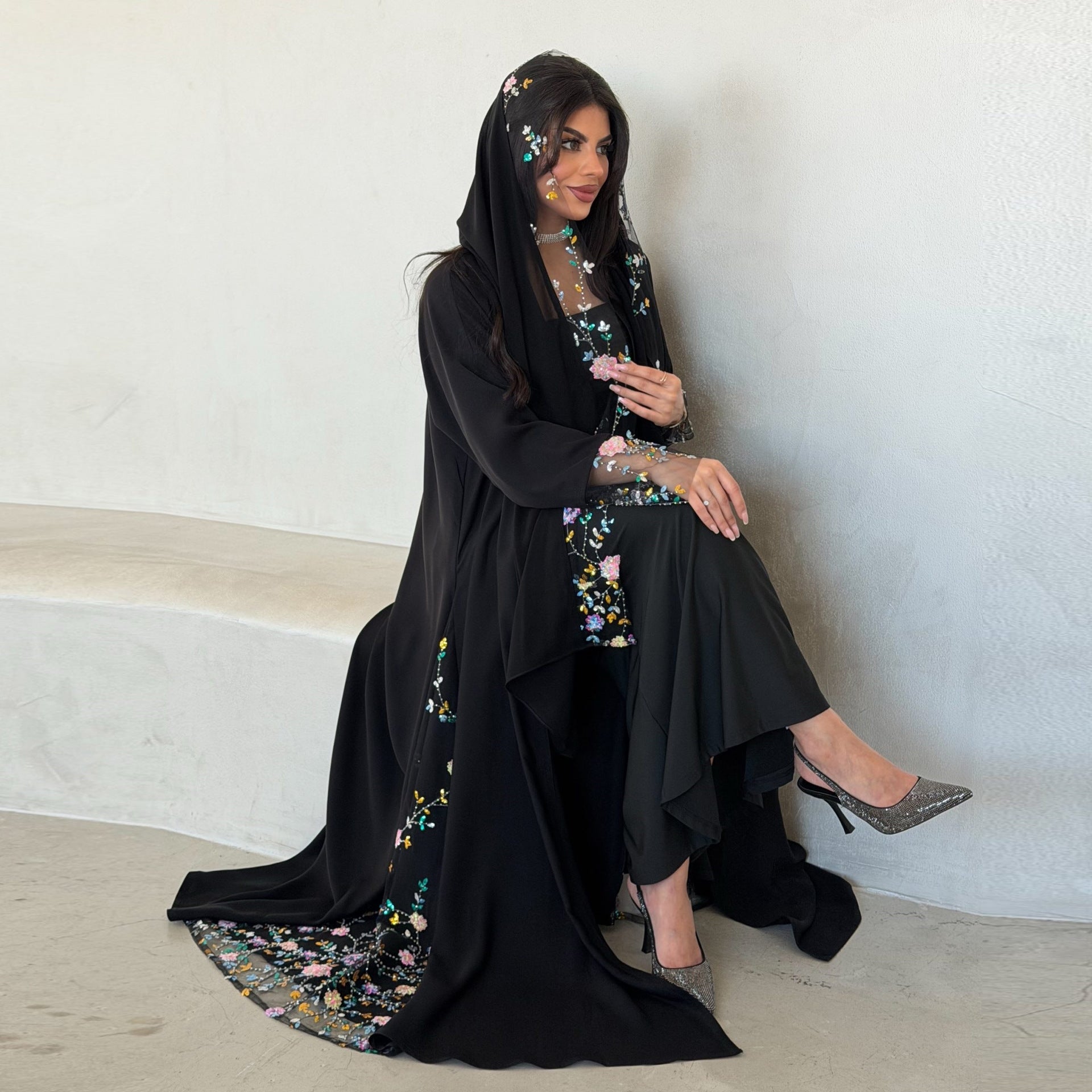 Black Floral Print Open Outerwear Long Maxi Abaya with Hijab Set