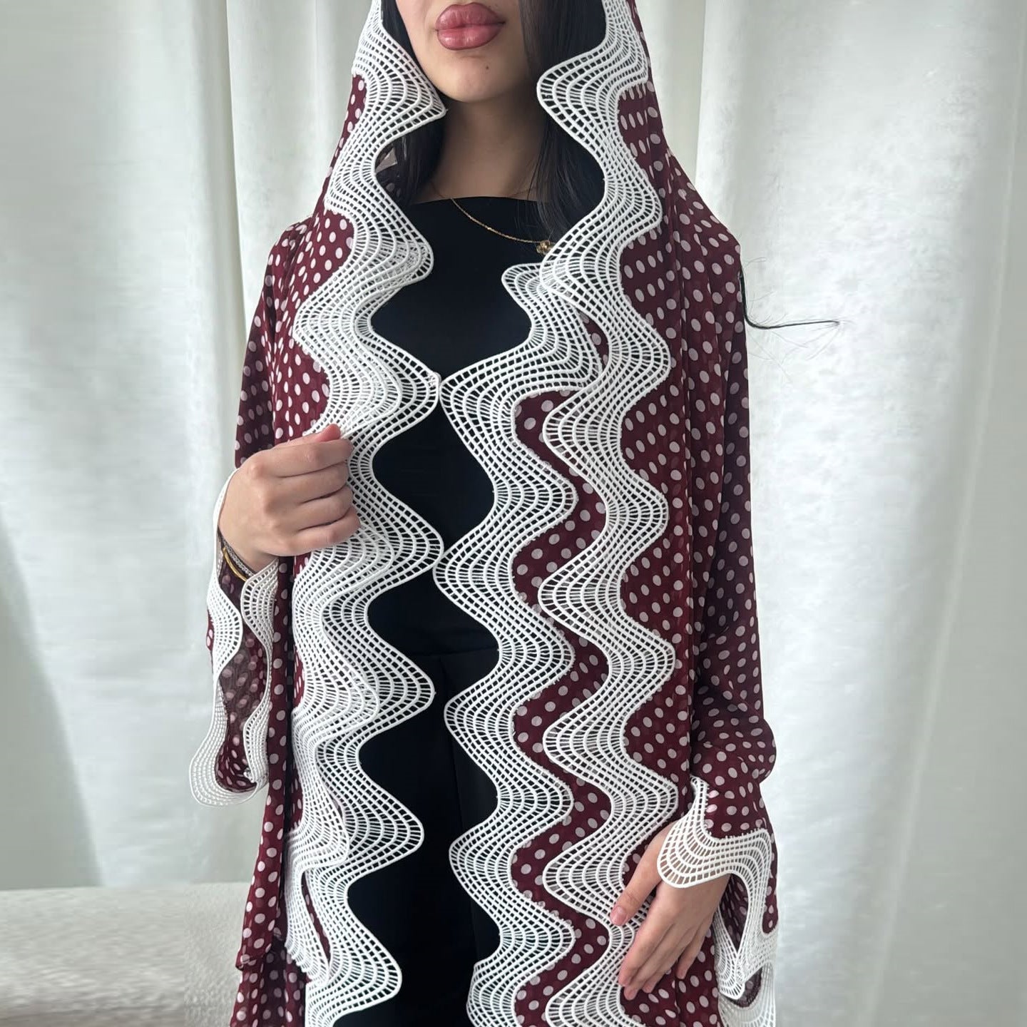 Red Polka Dot Chiffon Floral Print Ruffle Hem Abaya with Hijab Two-Piece Set