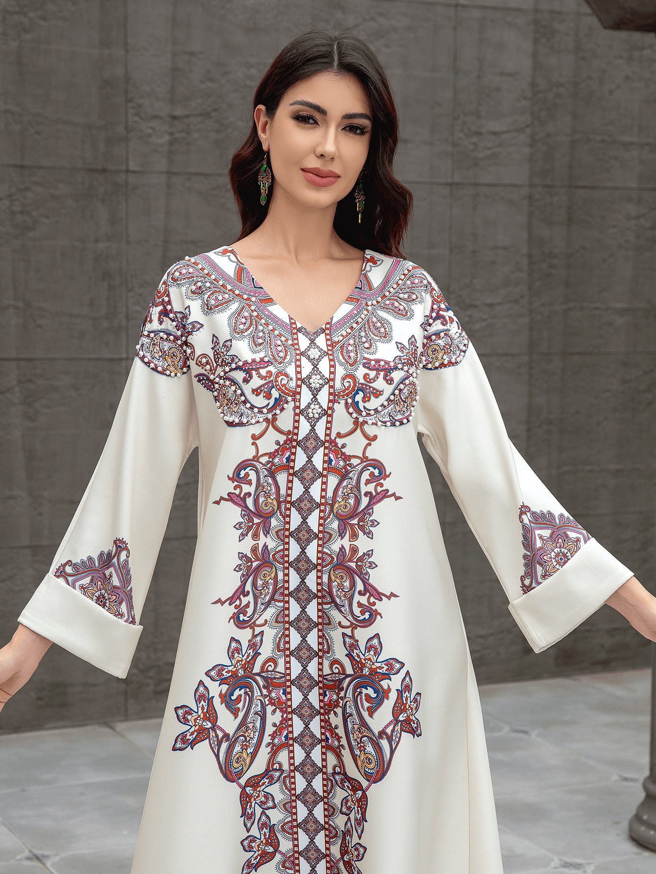 Apricot Floral Print Rhinestone Embroidered Maxi Abaya Dress