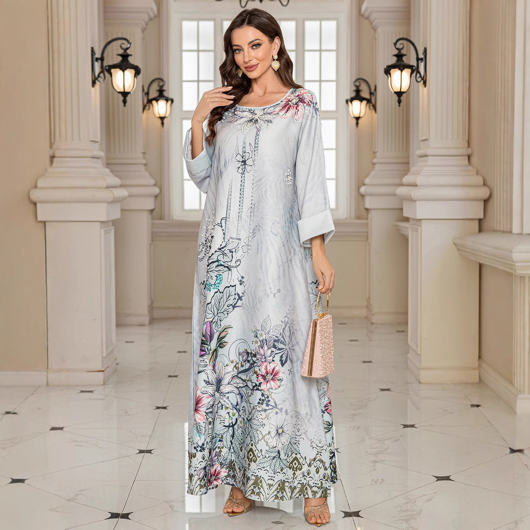 Grey Rhinestone Beaded Inlaid Diamond Maxi Abaya Long Dress