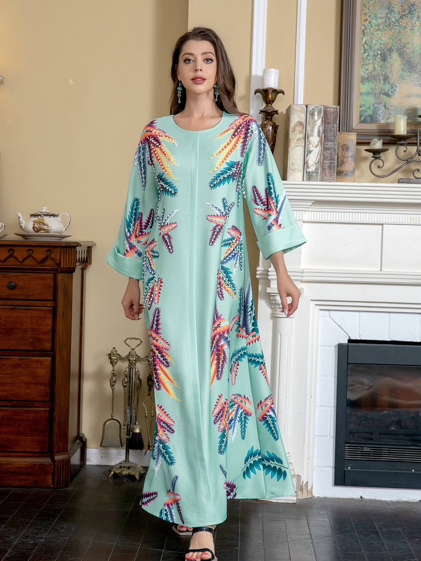 Light Green Ethnic Print Beaded Abaya Gown - Modest Dress