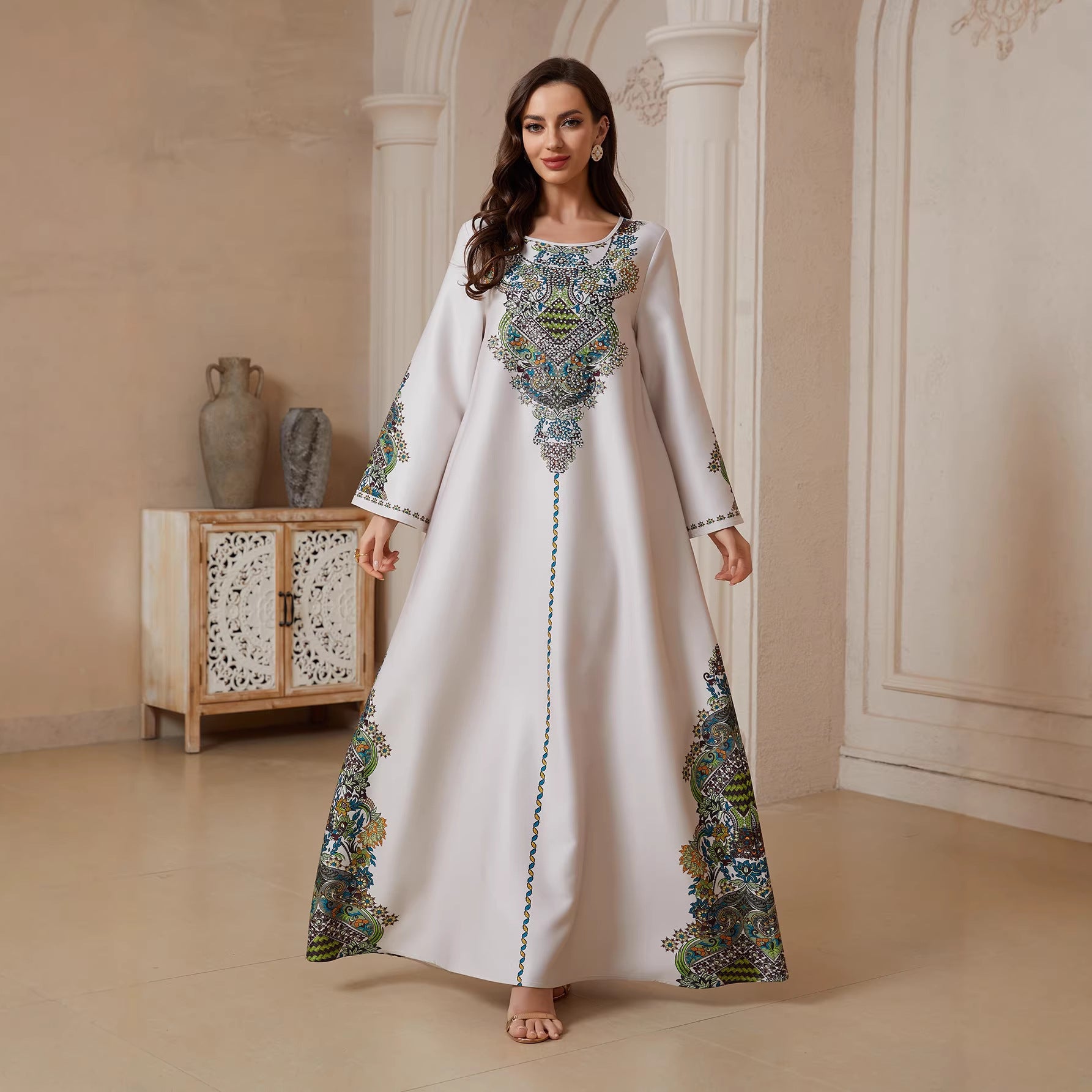 White Satin Muslim Abaya Long Sleeve Ethnic Paisley Print Maxi Dress Modest Islamic Kaftan Gown Free Worldwide Shipping
