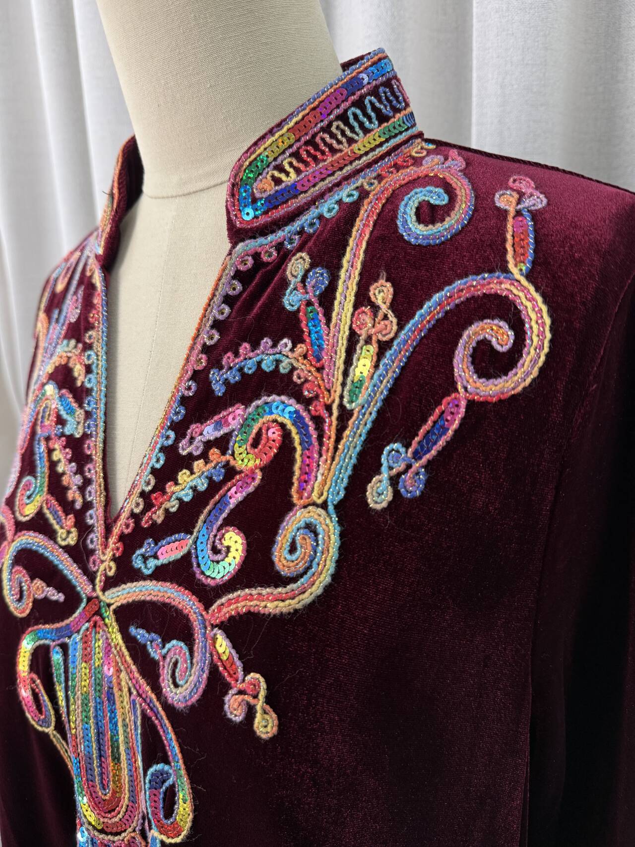 Two Color Embroidered Rhinestone Applique Stand Collar Maxi Dress