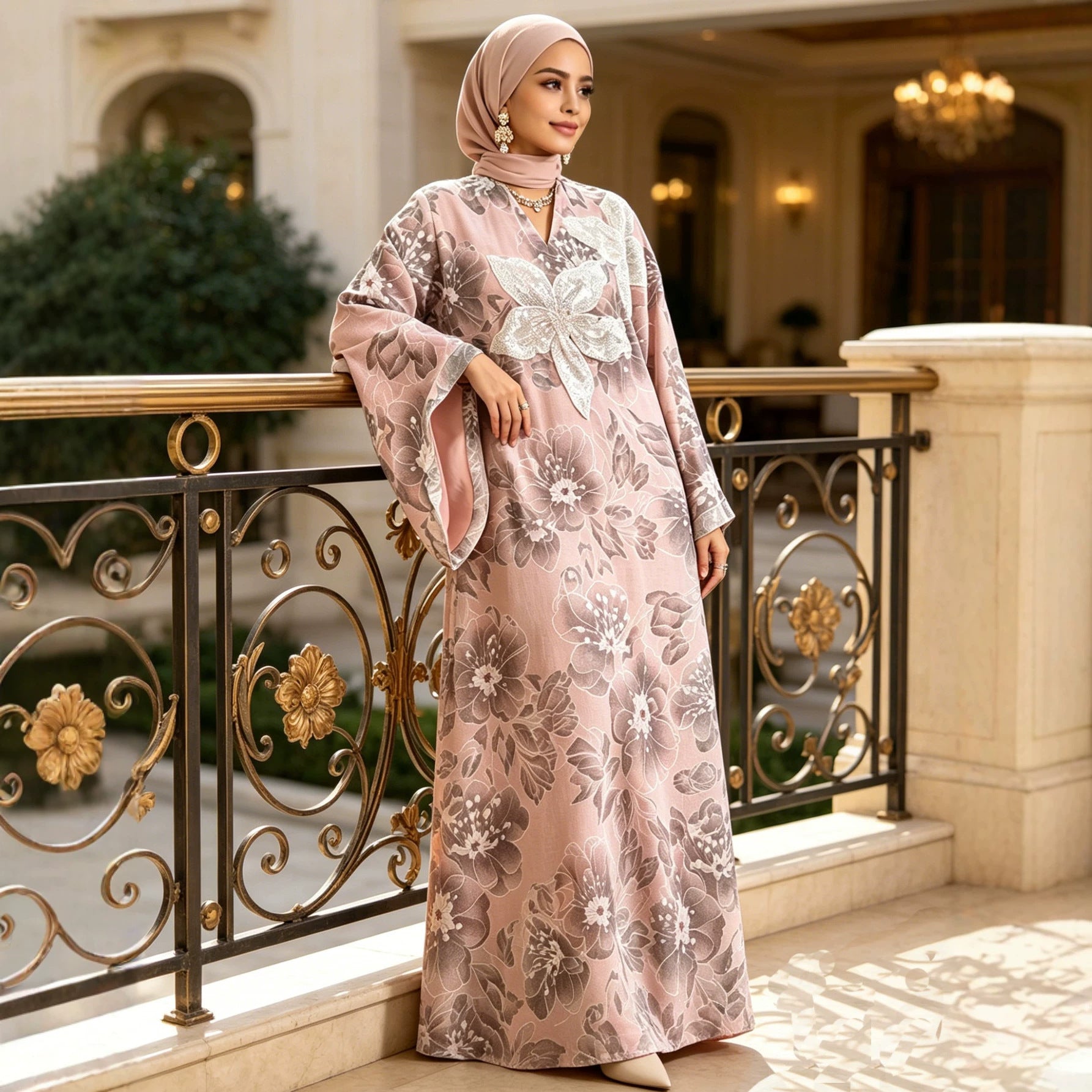Yellow Pink Heavy Rhinestone Floral Embroidered Gown Batwing Sleeve Jalabiya Modest Long Maxi Dress for Muslim Women Eid Ramadan