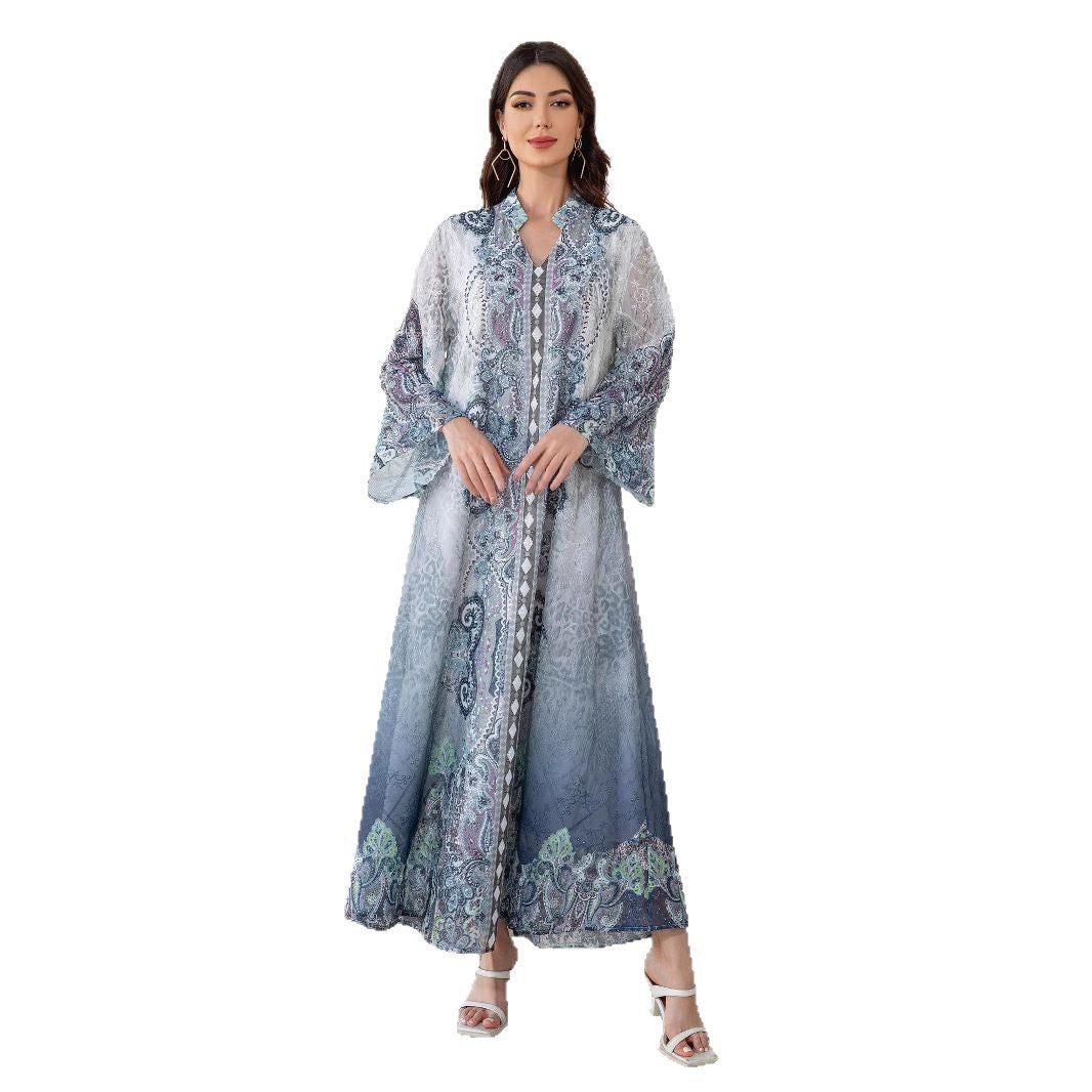 Stunning Blue Rhinestone Abaya – Modest Muslim Embroidered Maxi