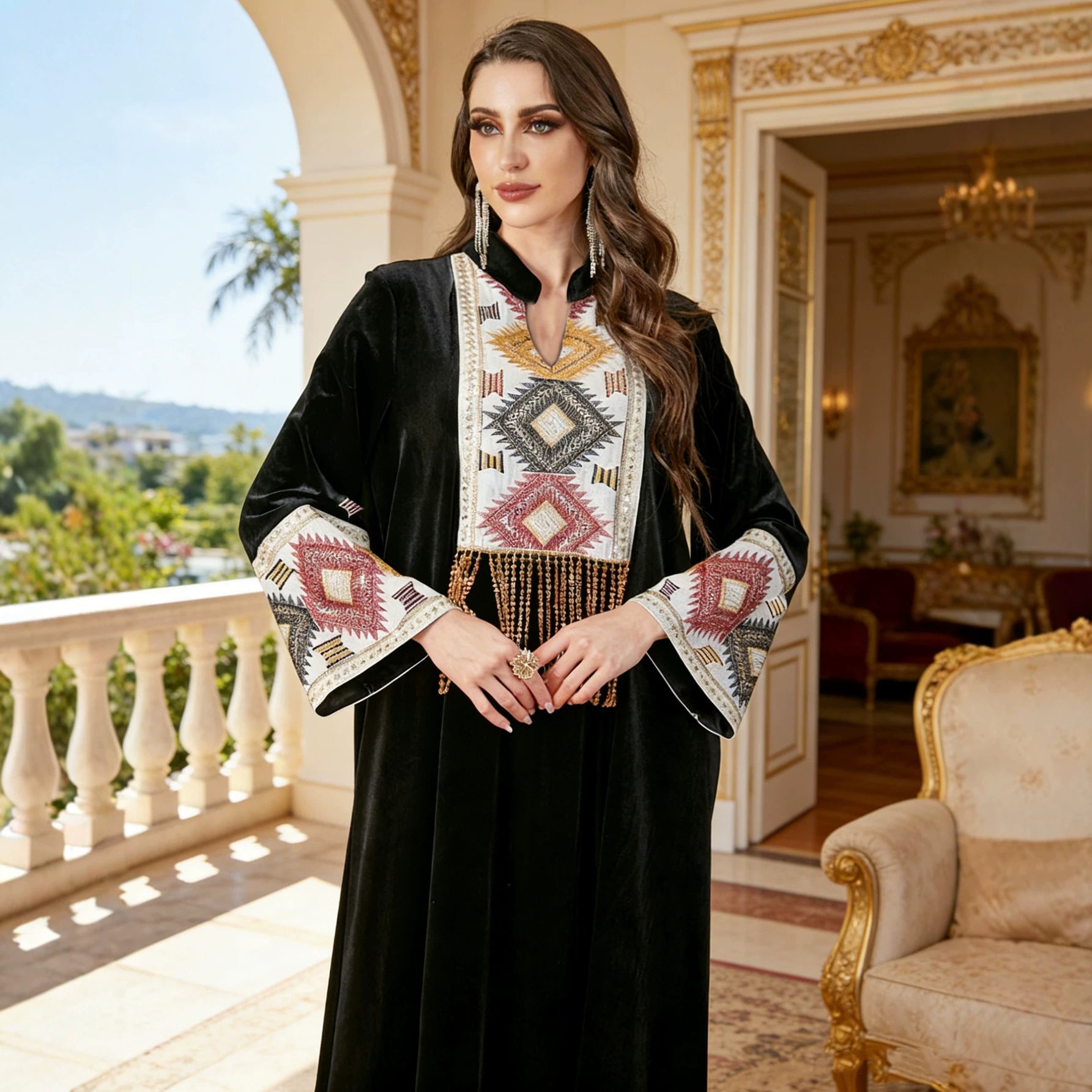 V-Neck Velvet Heavy Embroidered Maxi Dress Muslim Women Jalabiya Modest Long Gown Abaya Kaftan for Eid Ramadan Wedding