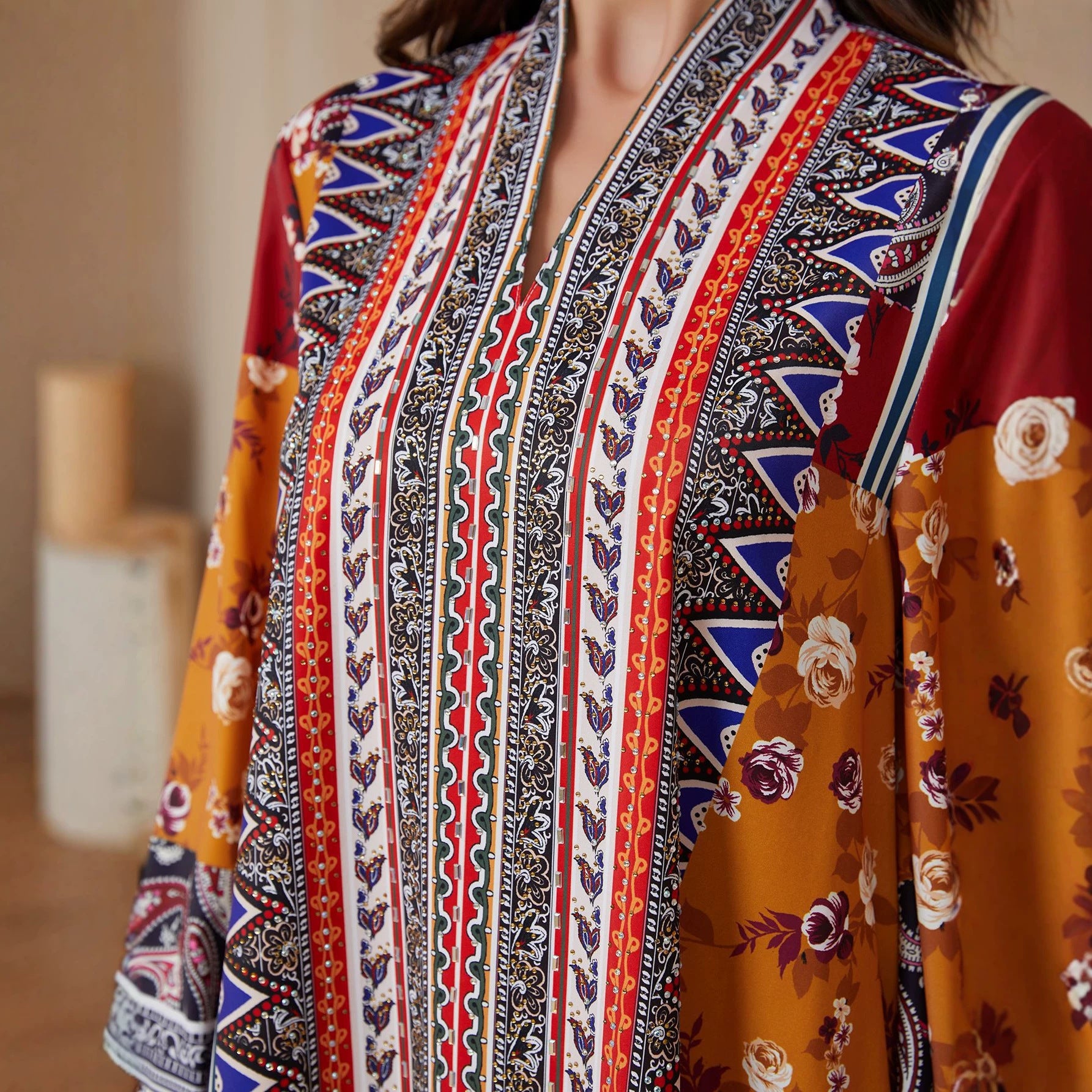 Floral Long Sleeve Ethnic Abaya - Modest Muslim Dress Ramadan Eid