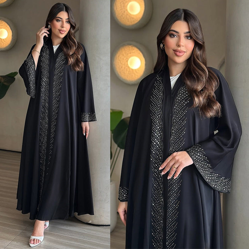 Black Rhinestone Embellished Pullover Long Maxi Abaya Dress - Modest Open Front