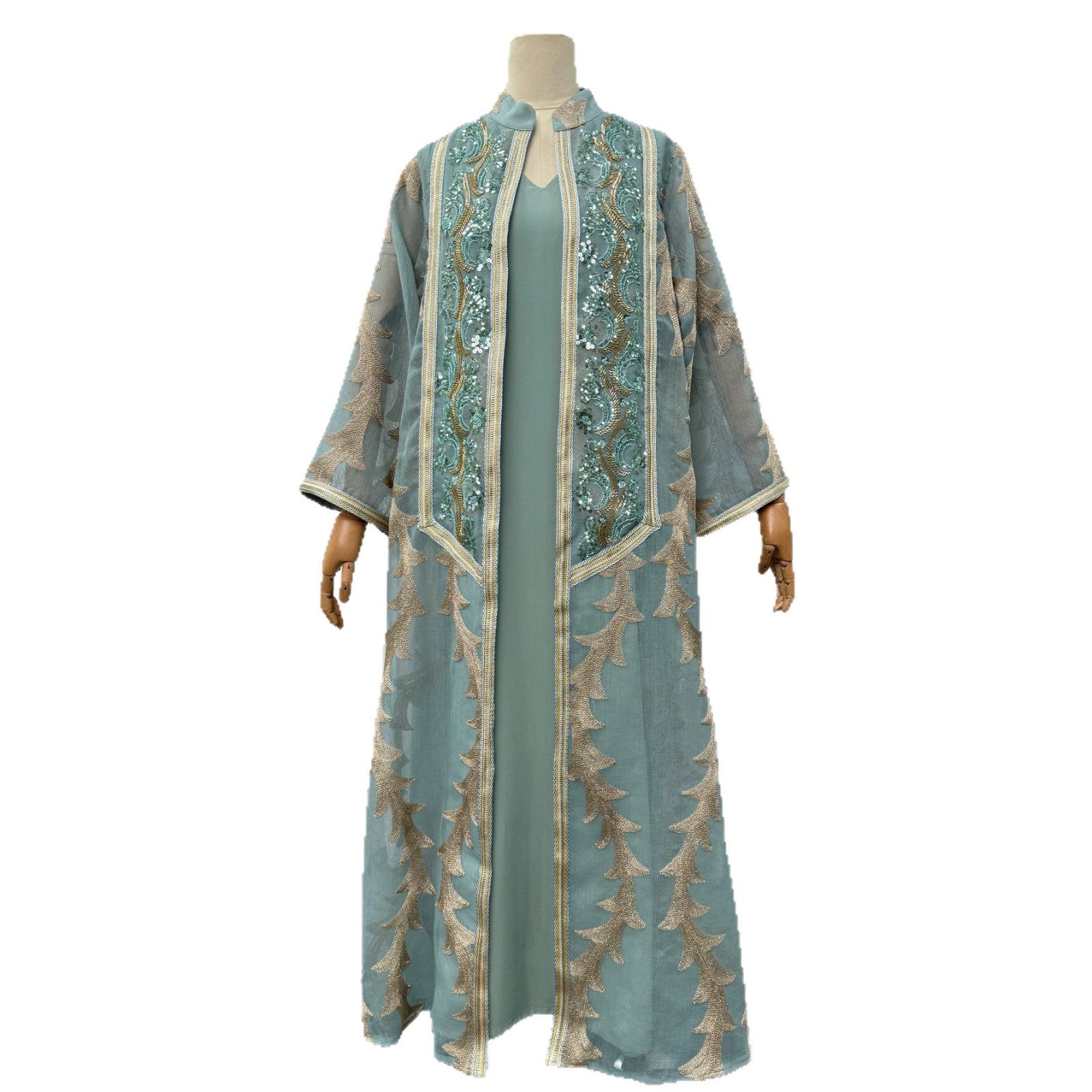 Beaded Sequin Embroidered Two-Piece Set Jalabiya Long Maxi Dress for Eid Ramadan Evening Party Gown S-XXL