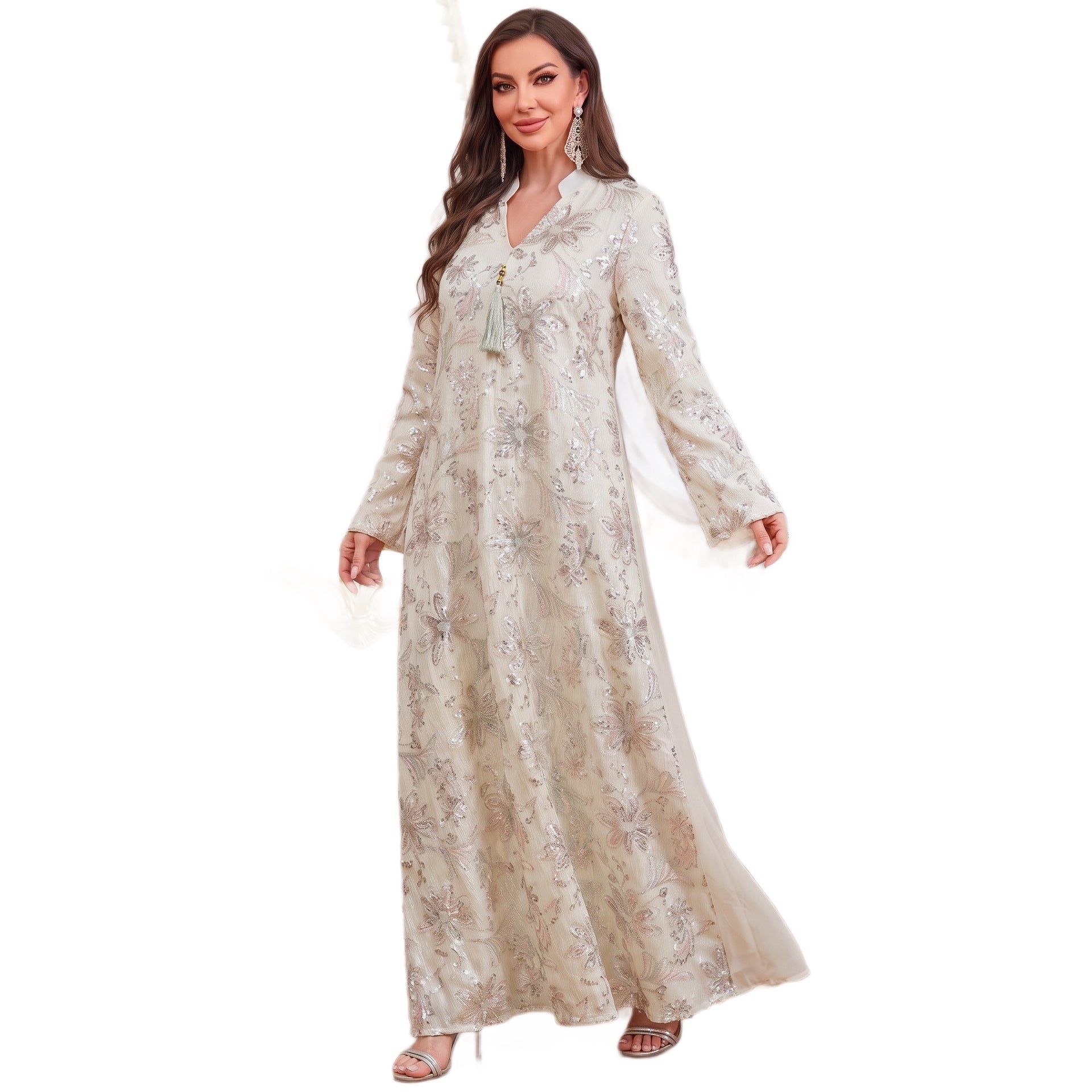 Apricot Pink Light Blue V-Neck Heavy Beaded Embroidered Abaya Maxi Dress