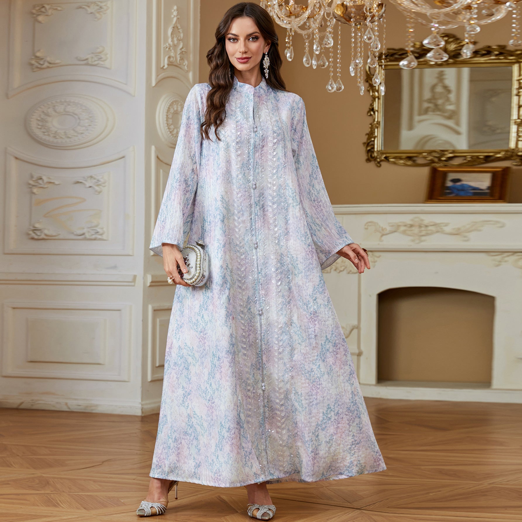 Women Stand Collar Zip Front Abaya Watercolor Gradient Print Sequined Long Kaftan Dress 2 Colors Light Shimmer Fabric For Ramadan Banquet Wedding