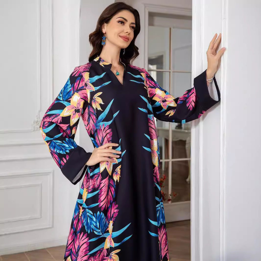 Black Floral Print Modest Abaya Dress - Long Sleeve Everyday Robe