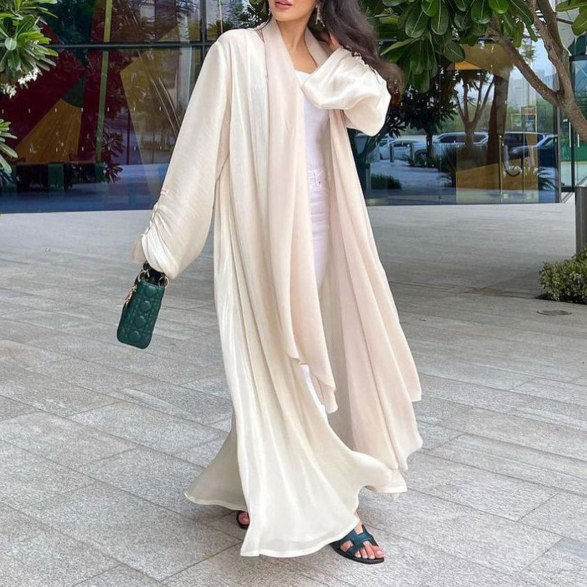 Elegant Button Cuff Open Cardigan Gown Modest Maxi Dress Abaya Jalabiya for Muslim Women Eid Ramadan Party One Size