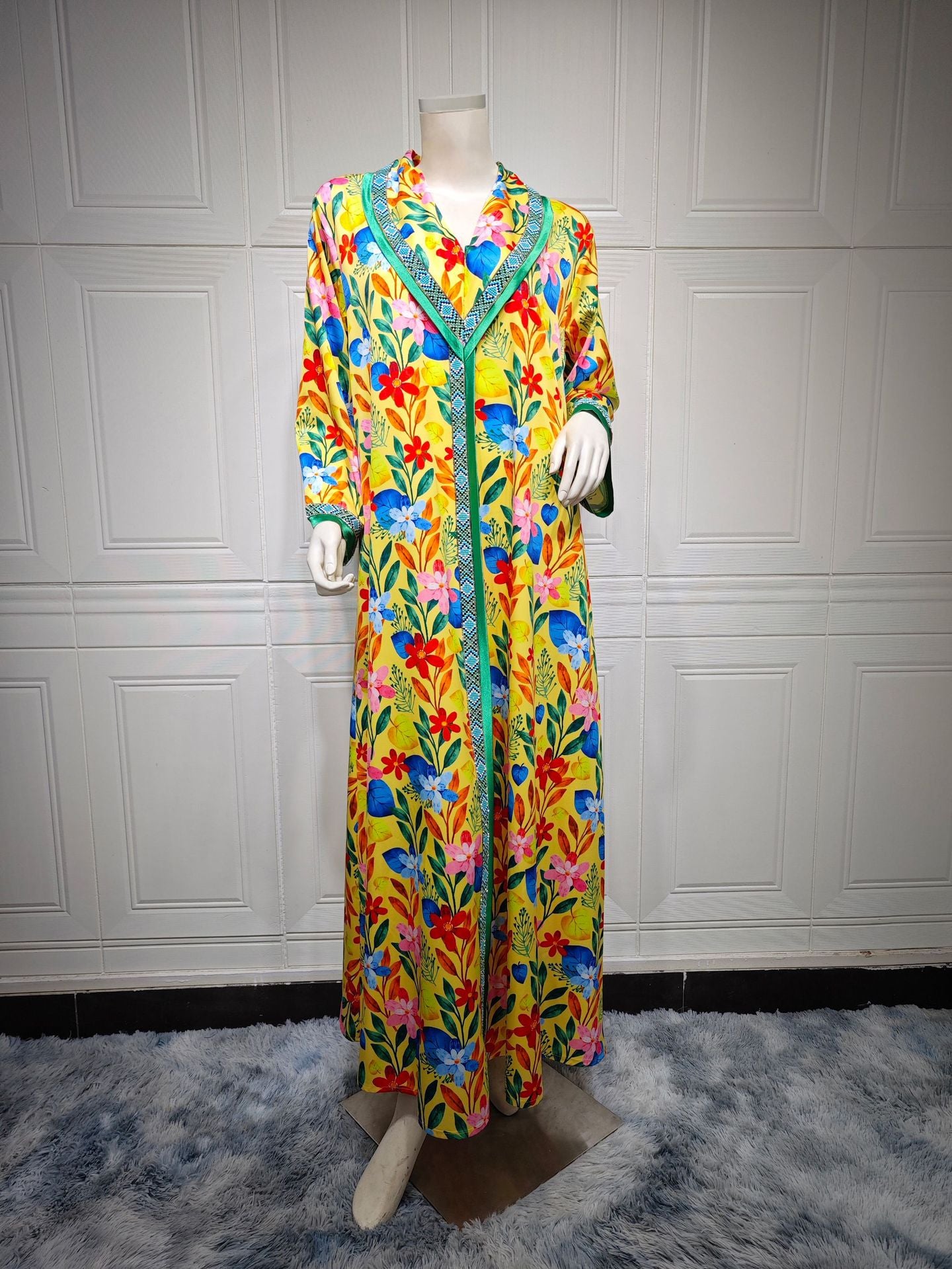 Green and Blue Floral Print Rhinestone Pullover Maxi Dress - Plus Size Casual