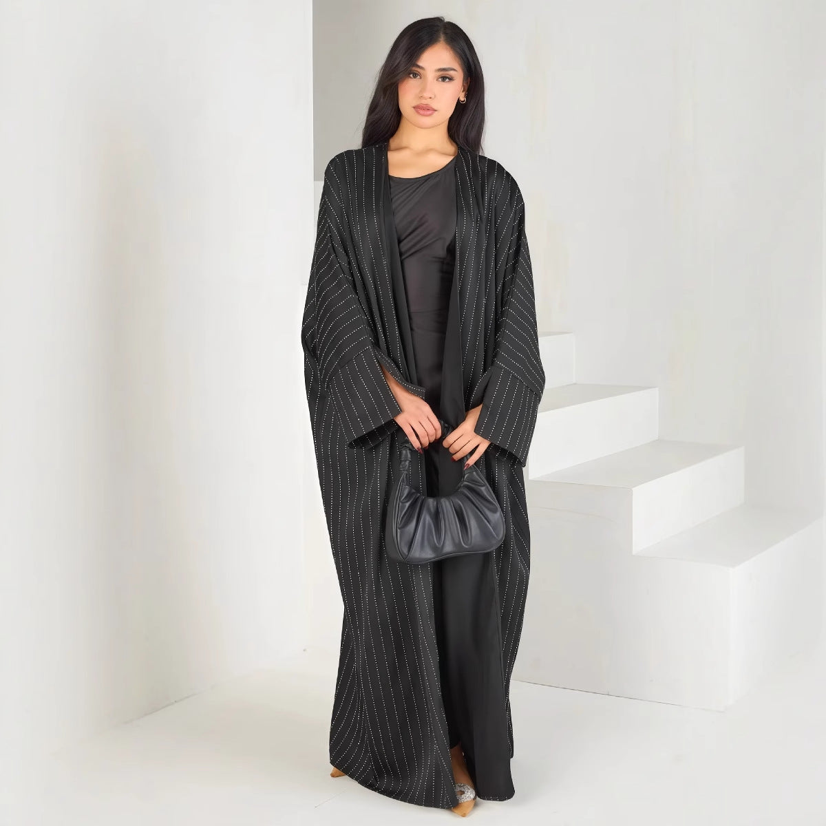 Luxury Rhinestone Striped Loose Open Front Abaya Cardigan Modest Long Maxi Cape Gown for Women Festive Banquet One Size