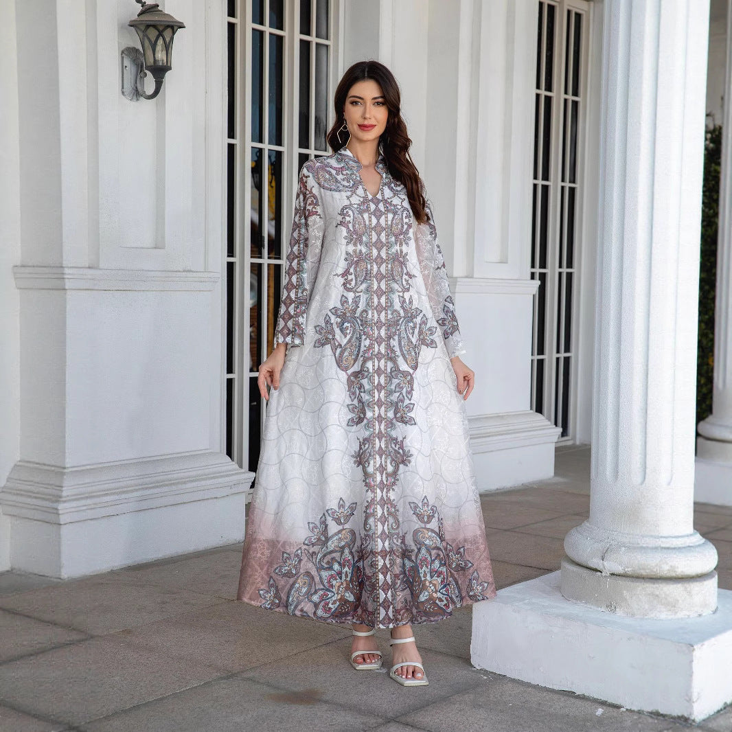 Lotus Pink Embroidered Printed Maxi Abaya - Rhinestone Trim Gown