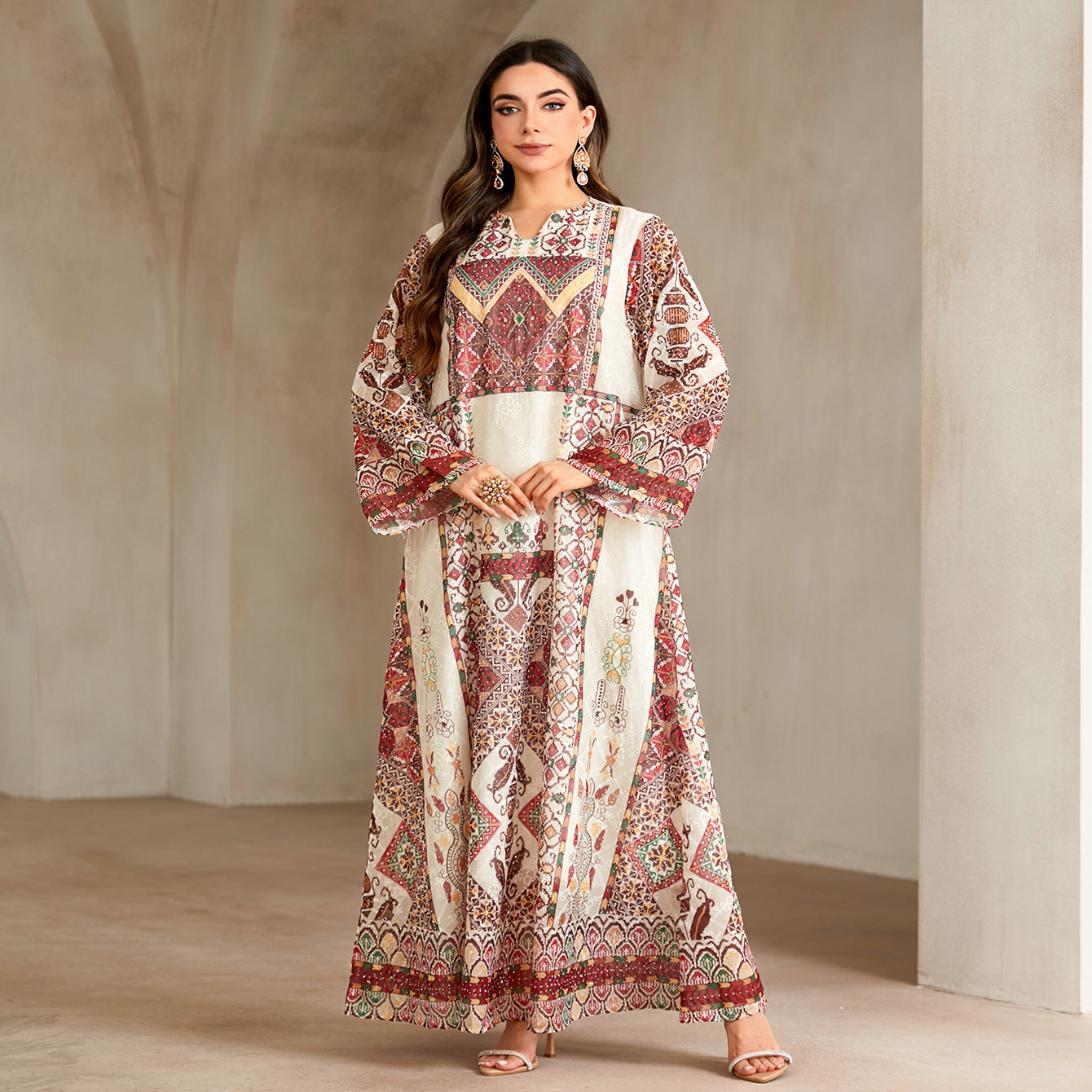 Vintage Ethnic Print Rhinestone Embellished Gown Jalabiya Modest Loose Long Maxi Dress for Muslim Women Eid Ramadan S-XXL