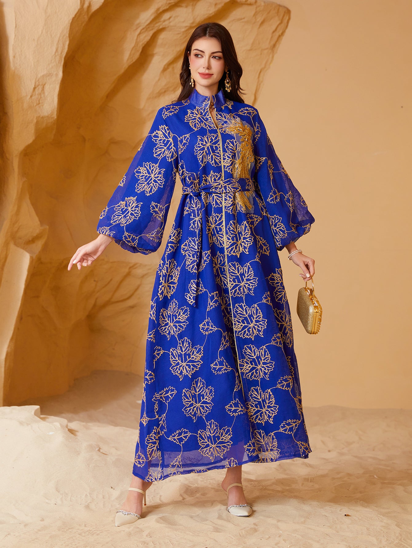 Luxury All Over Gold Print Middle East Kaftan Two Colors Stand Collar Lantern Sleeve Modest Ramadan Maxi Dress