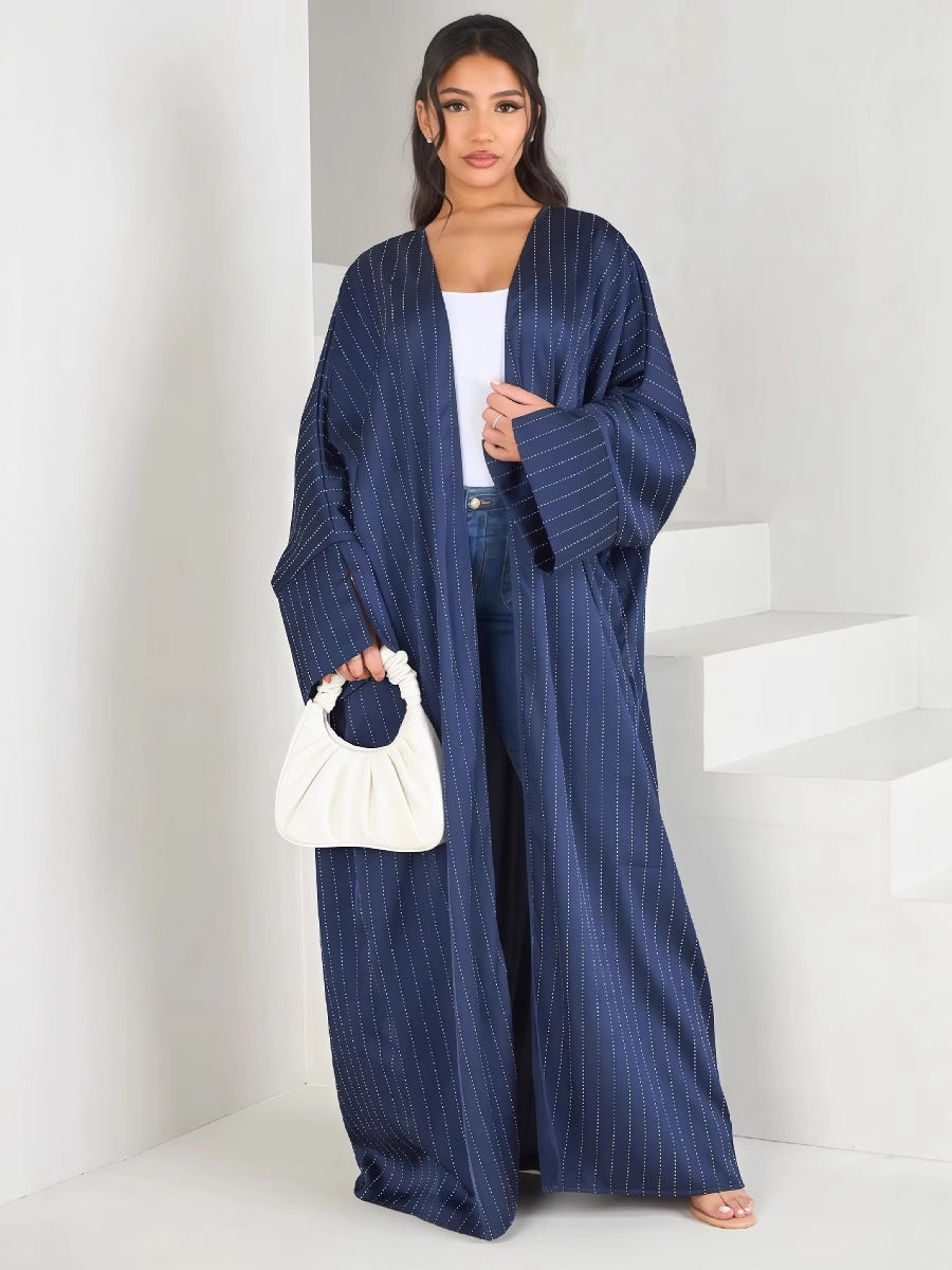 Luxury Rhinestone Striped Loose Open Front Abaya Cardigan Modest Long Maxi Cape Gown for Women Festive Banquet One Size