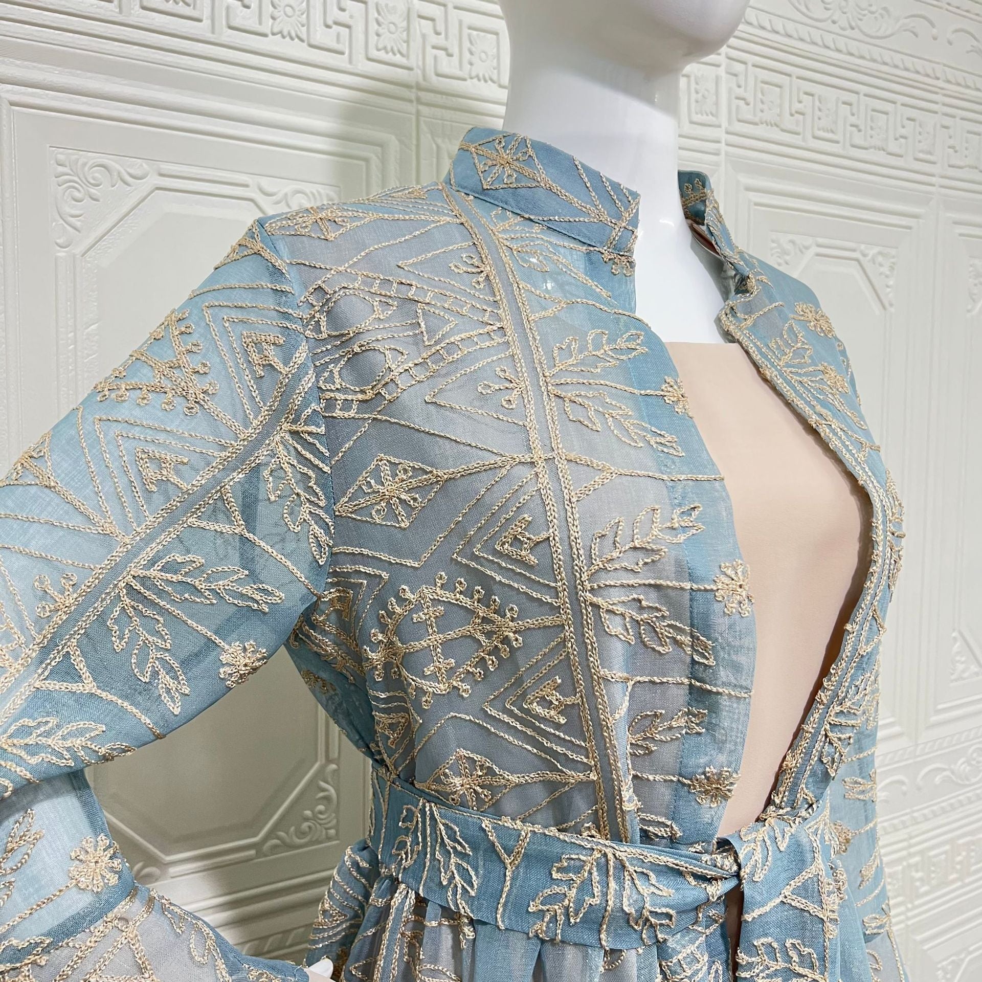 Arabian Pastel Boutique Designer Modest Layered Attire Soft Muted Sky Lightweight Transparent Mesh All Over Vintage Leaf Daisy Thread Motif Mini Stand Neck Self-Tie Waist Belt Double Flared Bell Cuff Sleeves Semi-Sheer Open Front Full Length Outer Ro