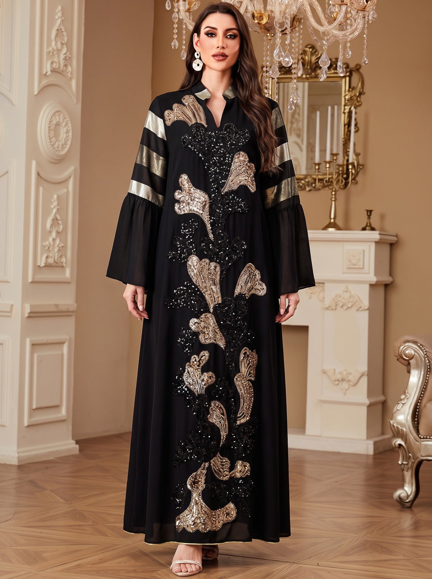 Black White V-Neck Embroidered Ethnic Rhinestone Modest Maxi Abaya