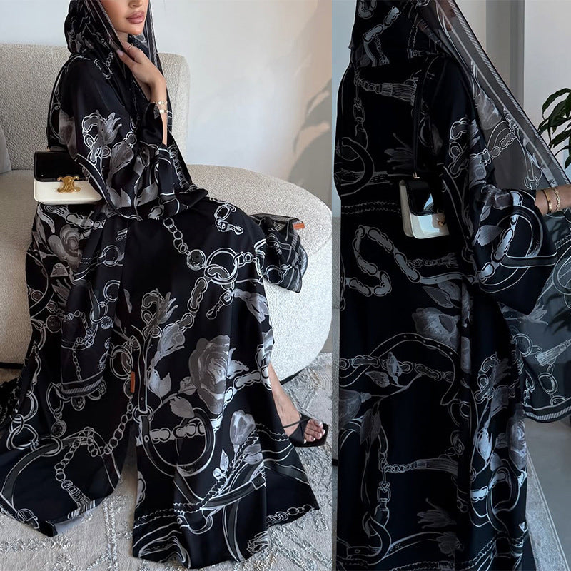 Black Grey Floral Print Open Abaya with Hijab Two-Piece Set