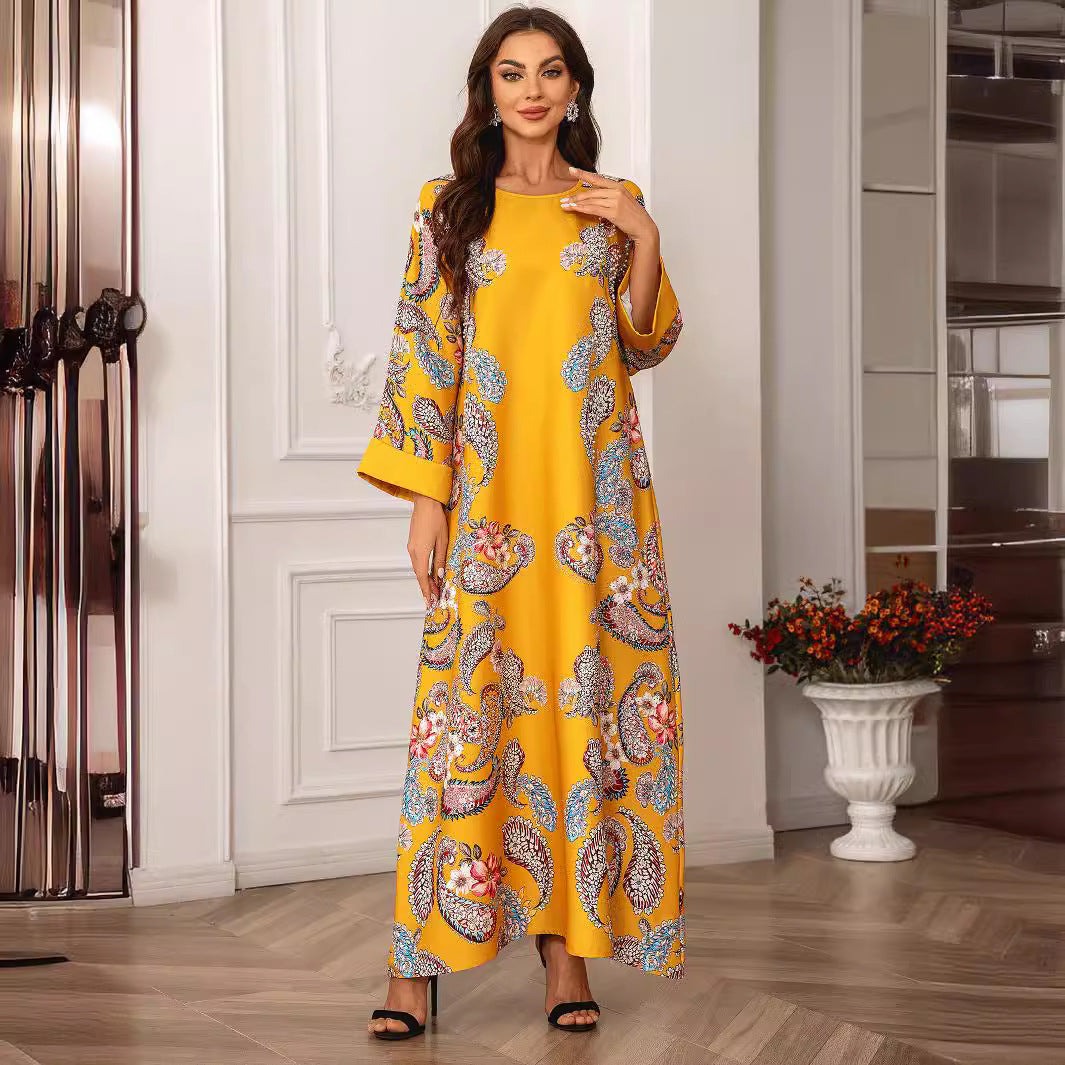 Yellow Floral Print Long Abaya - Plus Size Beaded African Robe