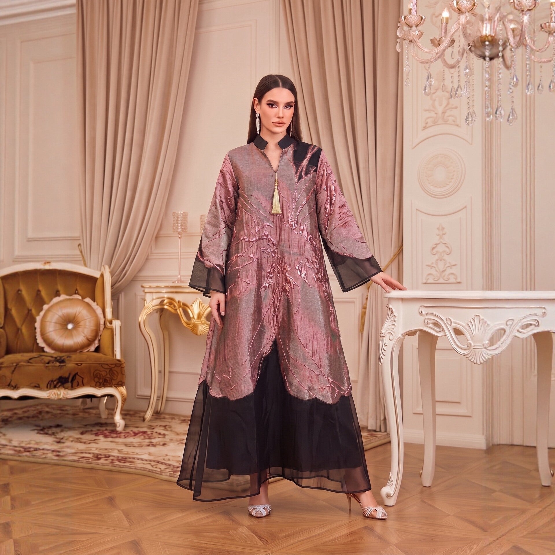 Multi-Color V-Neck Jacquard Lined Evening Maxi Abaya Dress