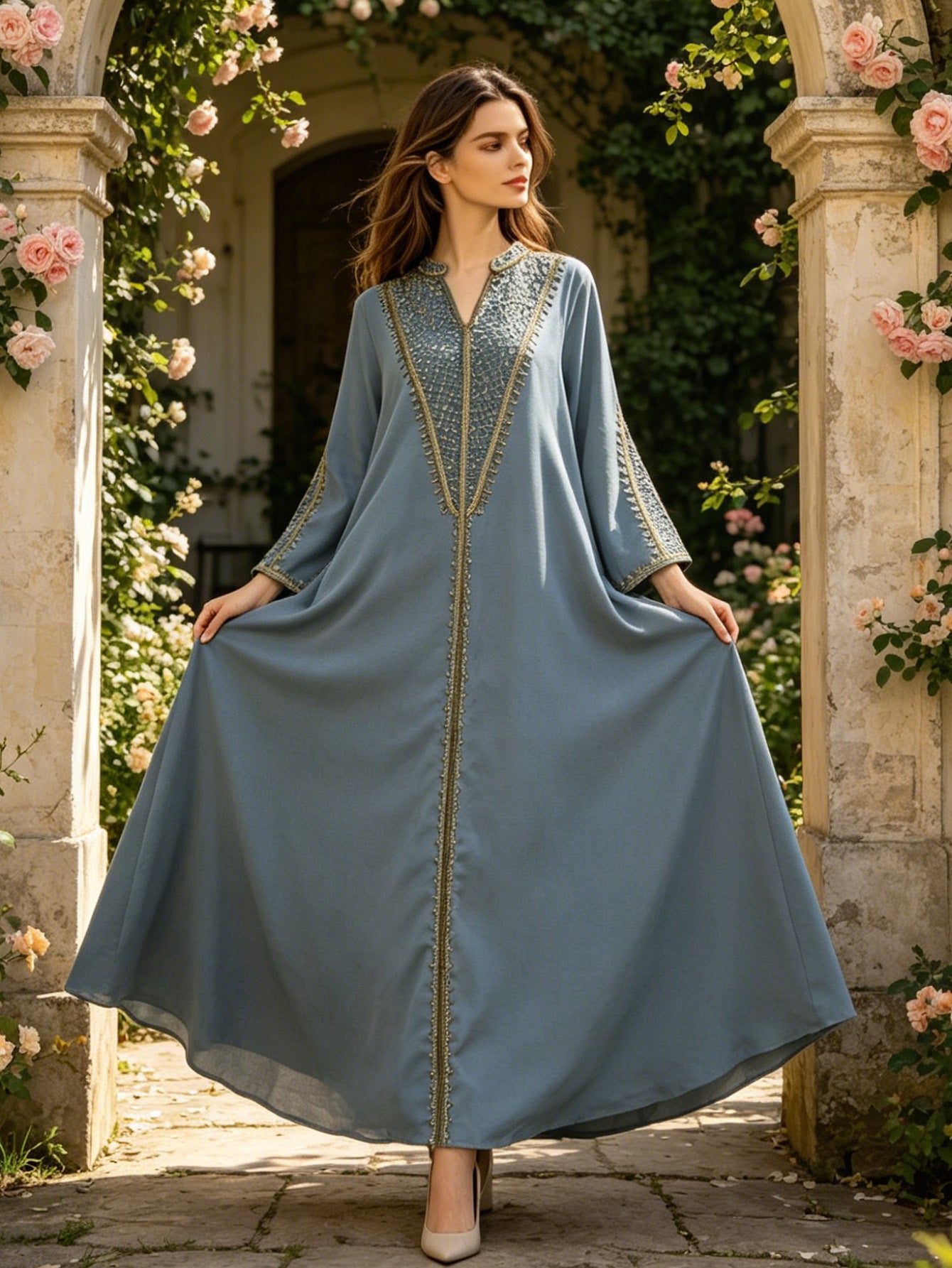 Sea Blue and Navy Heavy Gold Thread Embroidered Maxi Dress