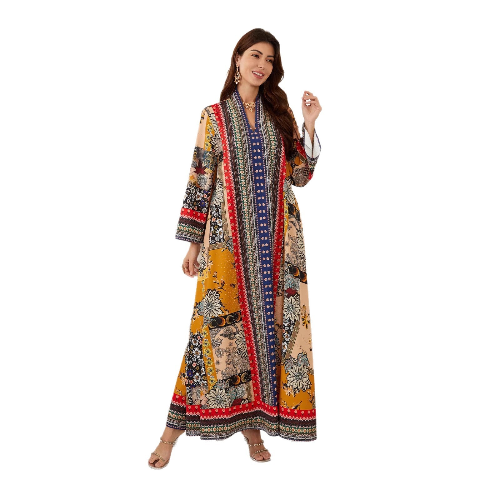 Charming Floral Jalabiya – V-Neck Long-Sleeve Modest Dress