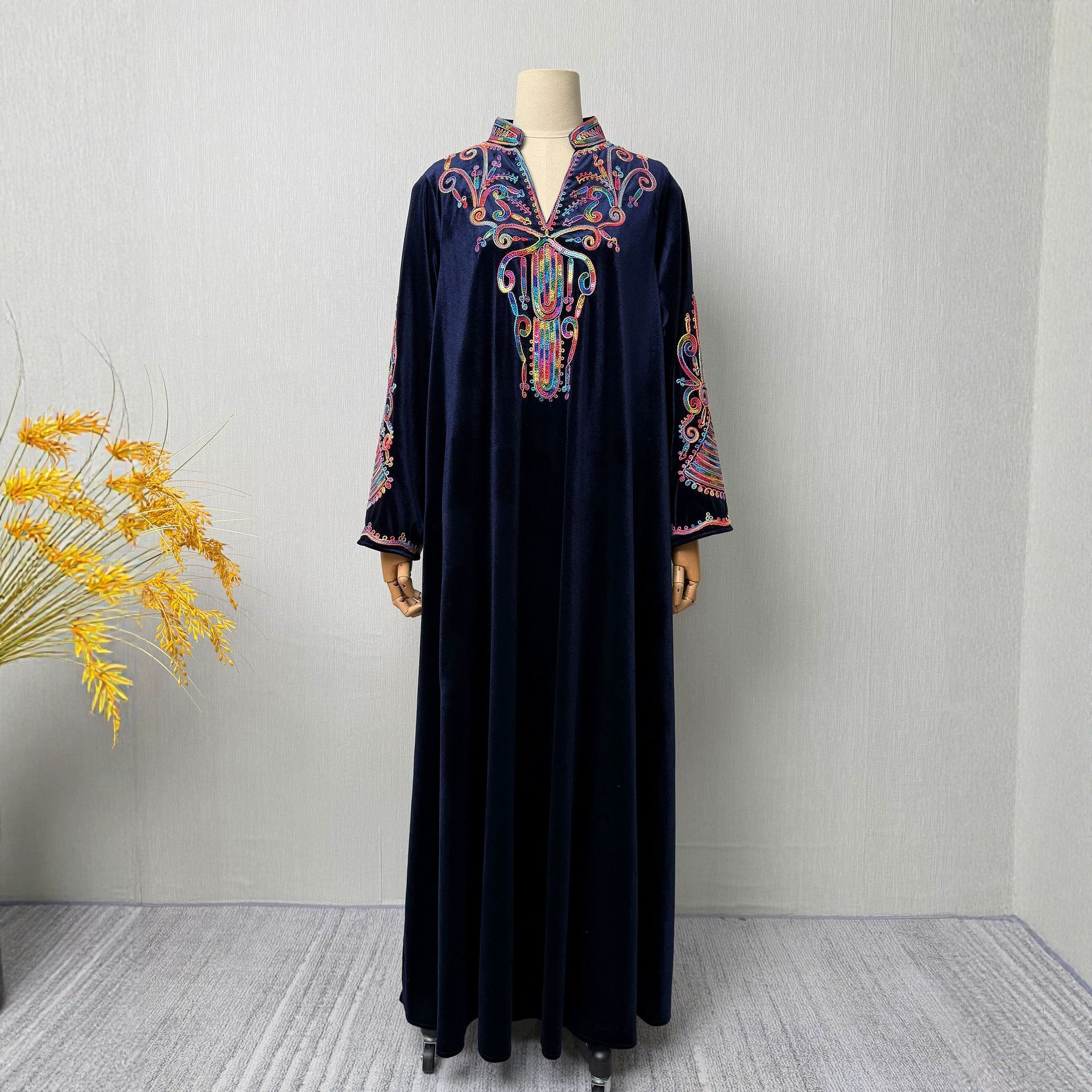 Navy and Wine Red Rhinestone Applique Stand Collar Maxi Abaya Dress Jalabiya Modest Long Dress for Muslim Women Eid Ramadan Formal S-XXL