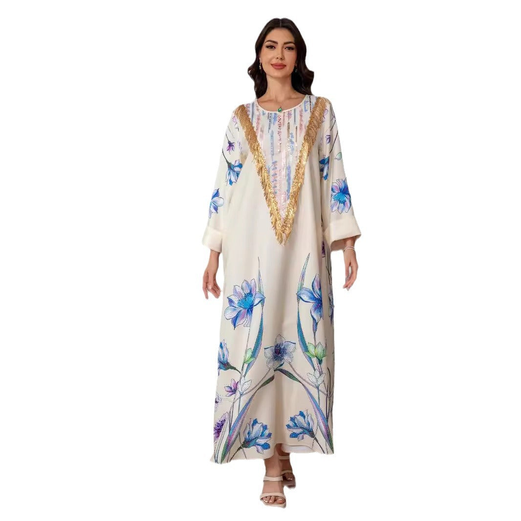Ivory Printed Evening Abaya - Modest Party Dress Long Robe
