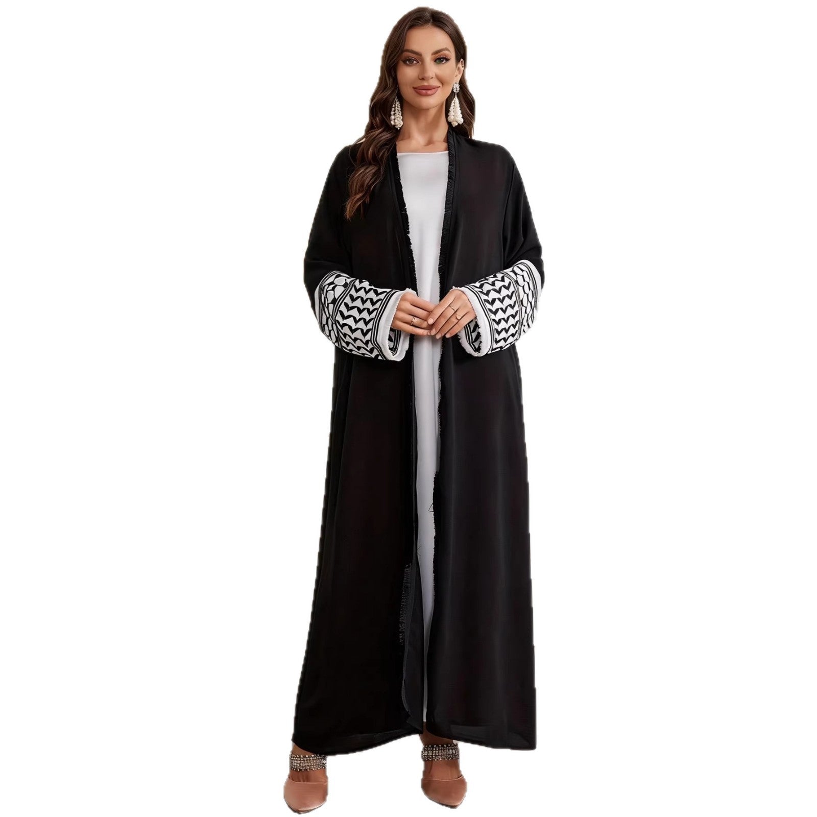 Elegant Embroidered Pocket Open-Front Cardigan Belted Abaya Maxi Dress Muslim Women Modest Long Jalabiya Kaftan for Eid