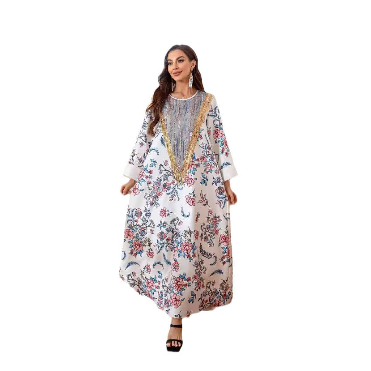 White Floral Print Elegant Abaya - Loose Fitting Modest Long Robe