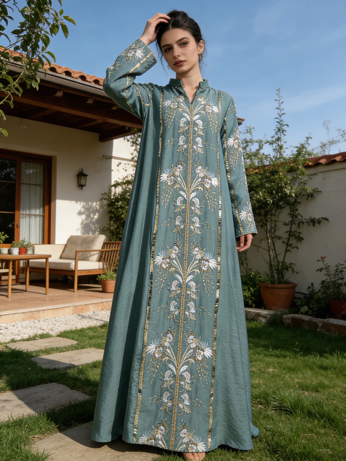 Sequin Applique Embroidered Abaya Jalabiya Modest Long Maxi Dress for Muslim Women Eid Ramadan Formal Evening Party S-XXL
