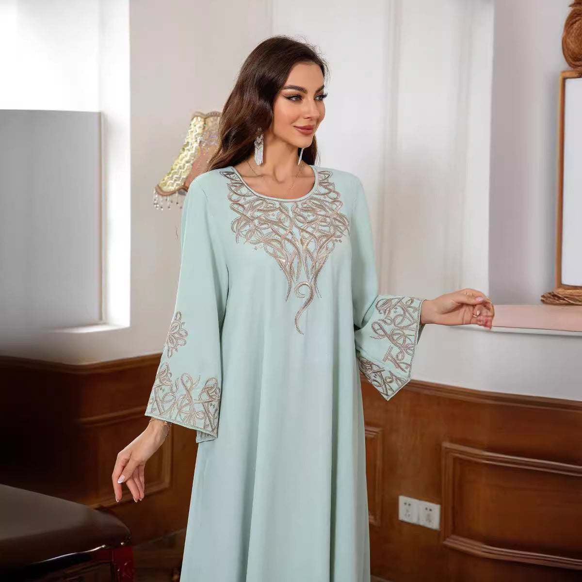 Women Light Mint Green Rhinestone Embroidered Round Neck Long Sleeve Abaya Loose Long Dubai Muslim Modest Kaftan Maxi Dress For Wedding Eid Ramadan