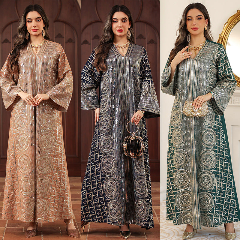 Elegant V Neck Muslim Formal Jalabiya Full Width Circular Sequin Embroidery Relaxed Wide Flare Sleeve Long Glitter Gown 3 Shades All Occasion Eid Holiday Wear