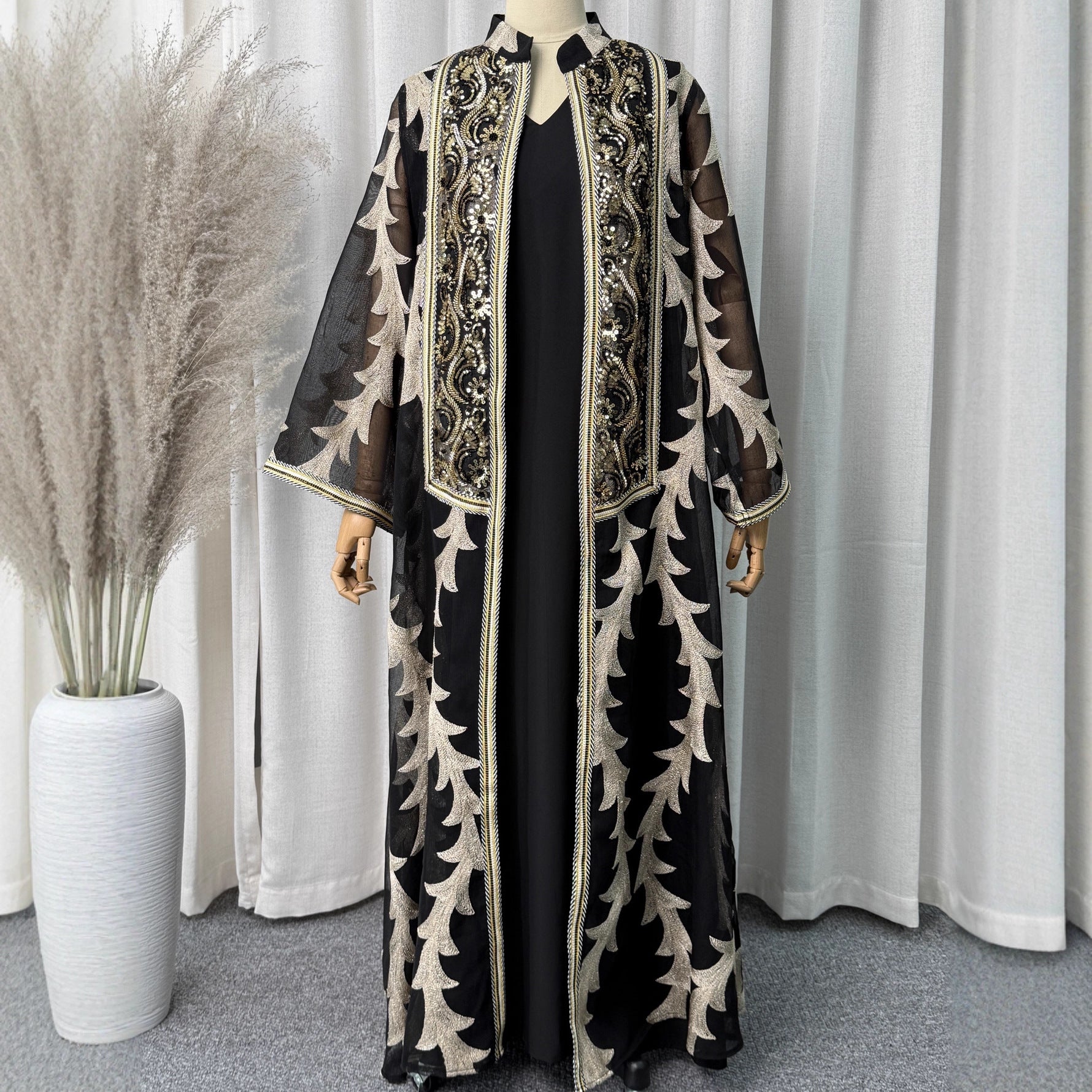 Heavy Beaded Sequin Embroidered Mesh Two-Piece Set Muslim Women Modest Maxi Abaya Jalabiya Kaftan Dress for Eid Ramadan