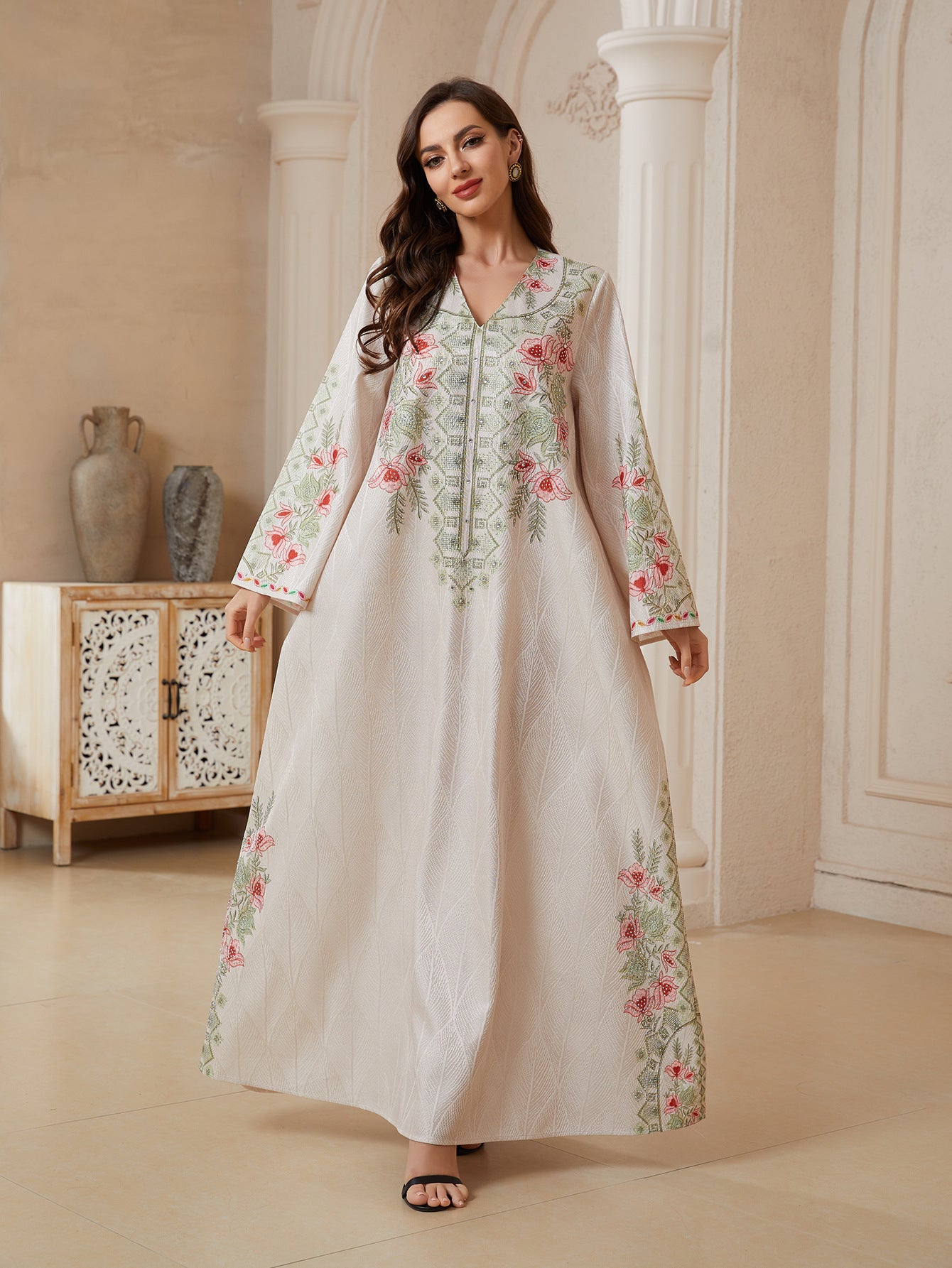 Summer Breathable Nida Fabric Off White Jalabiya Full Body Multicolor Leaf Floral Embroidery Front Zip Split Neck Flowy Wide Sleeve Plus Size Modern Modest Gulf Women Couture Kaftan For Wedding Ramadan Daily Outing