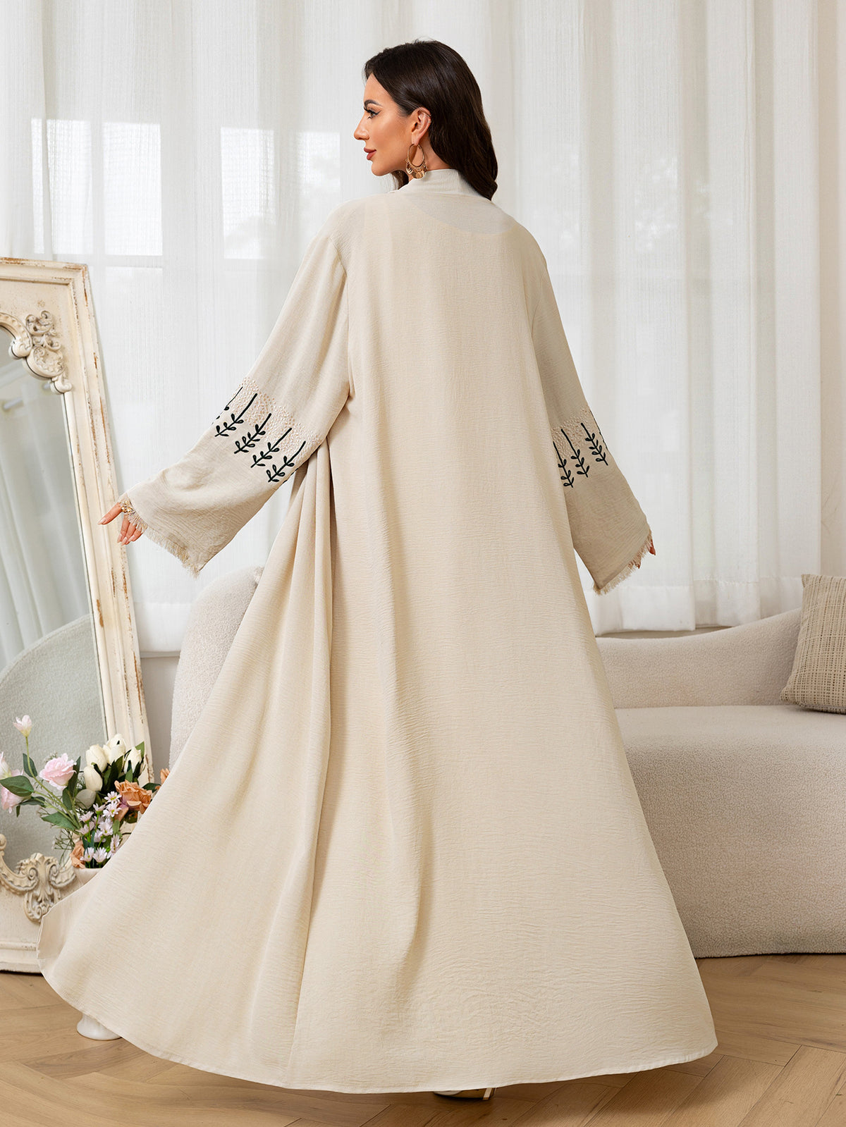 Embroidered Belted Open Front Long Maxi Cardigan Abaya Modest Long Robe for Muslim Women Eid Ramadan Festive Celebration One Size