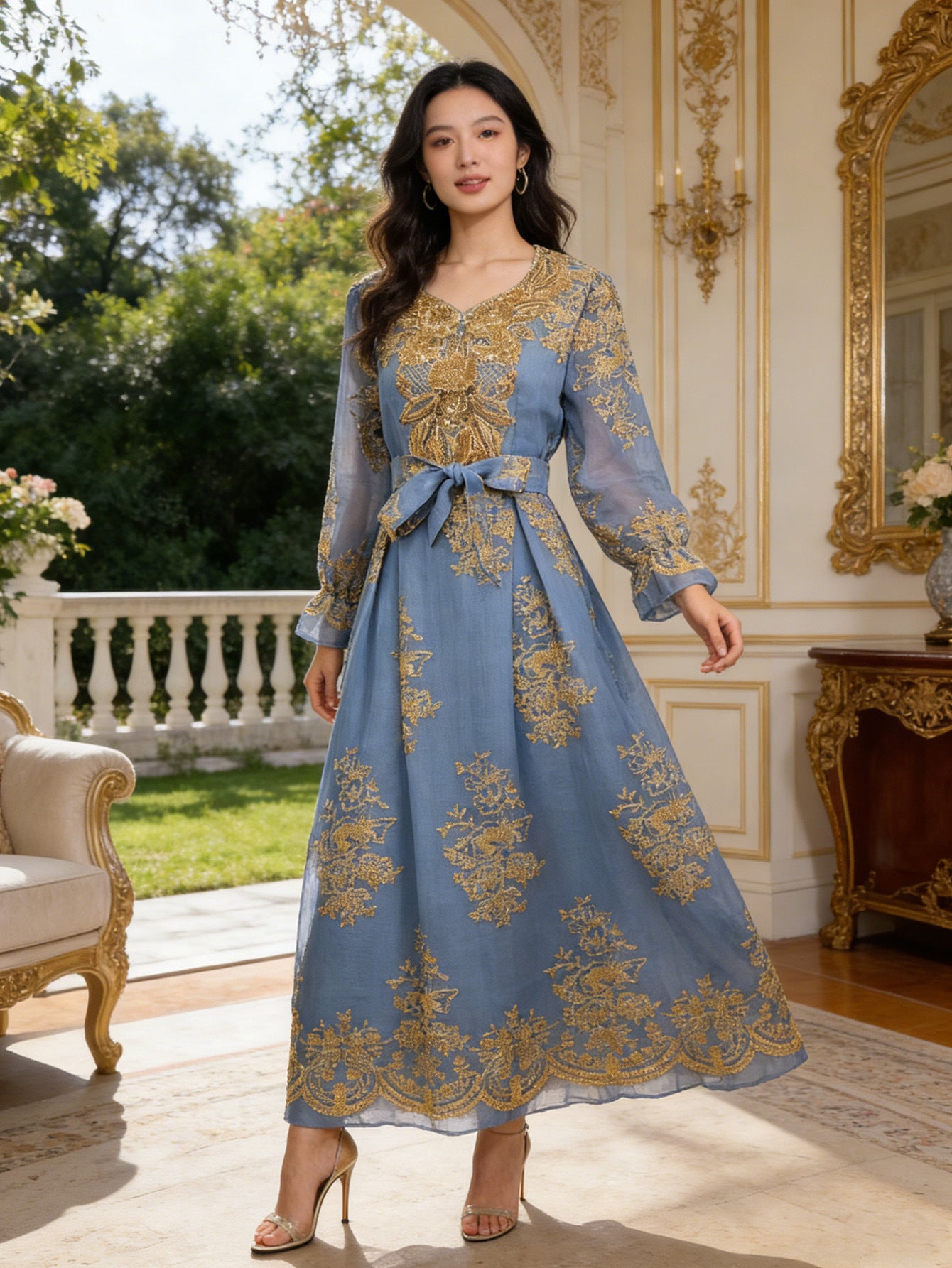 Green and Sky Blue Wedding Embroidered V-Neck Belted Maxi Dress Jalabiya Modest Long Dress for Muslim Women Eid Ramadan Formal Party S-XXL
