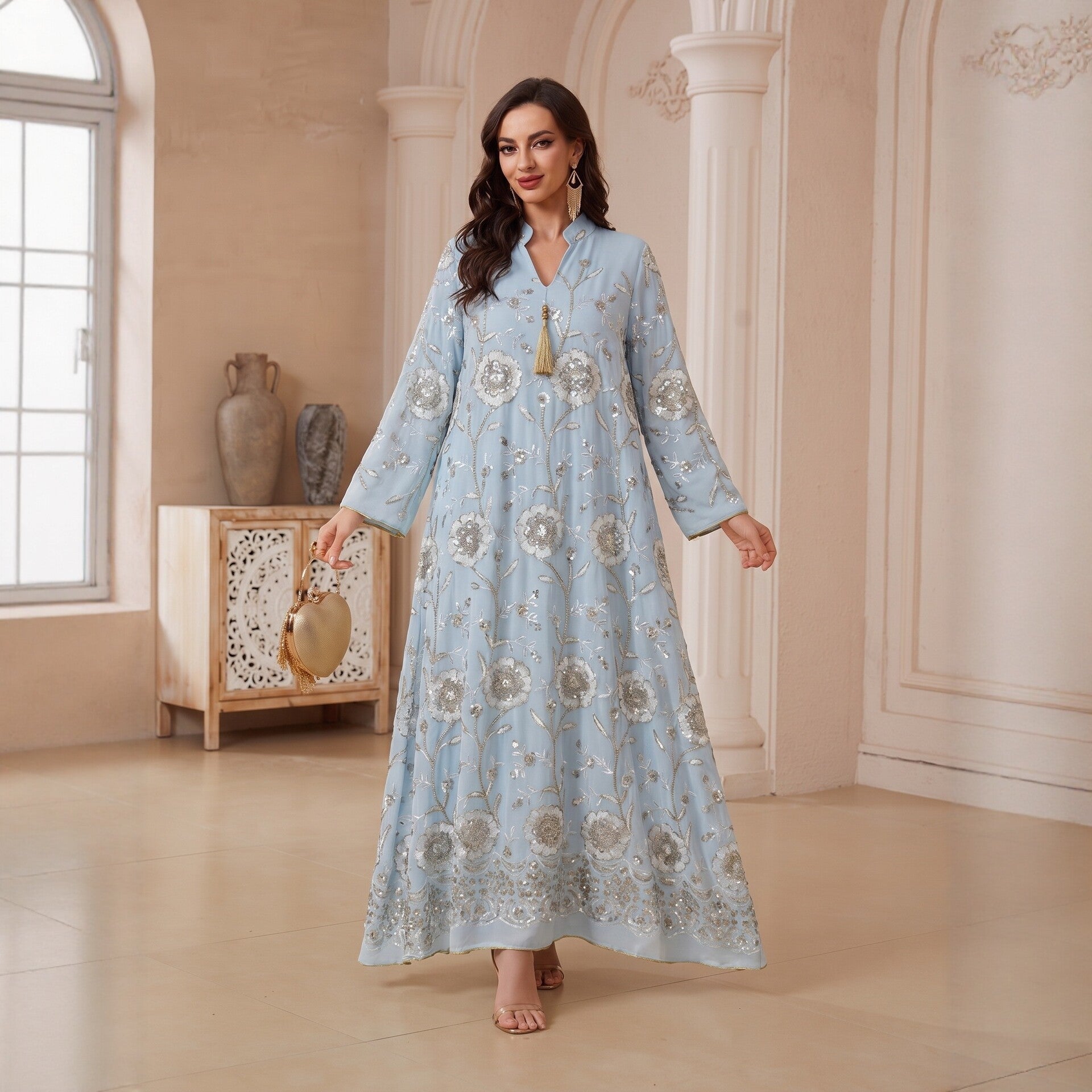 Ivory Wine Light Blue Light Green V-Neck Embroidered Maxi Abaya