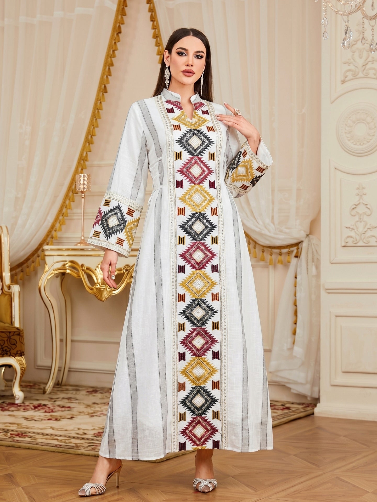 Embroidered Striped Patchwork Belted Gown Jalabiya Modest Slimming Long Maxi Dress for Muslim Women Eid Ramadan S-XXL
