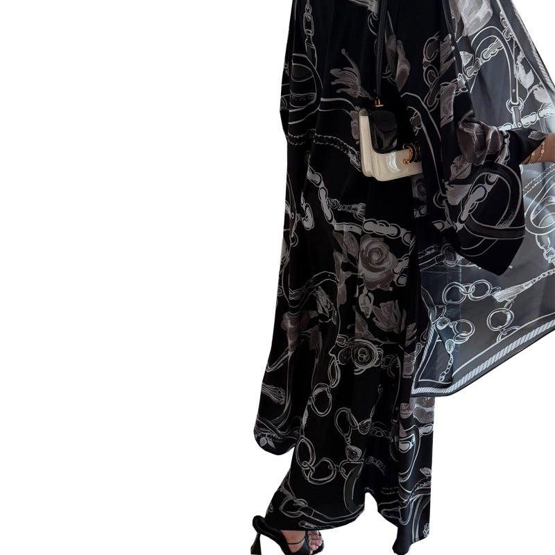 Black Grey Floral Print Open Abaya with Hijab Two-Piece Set